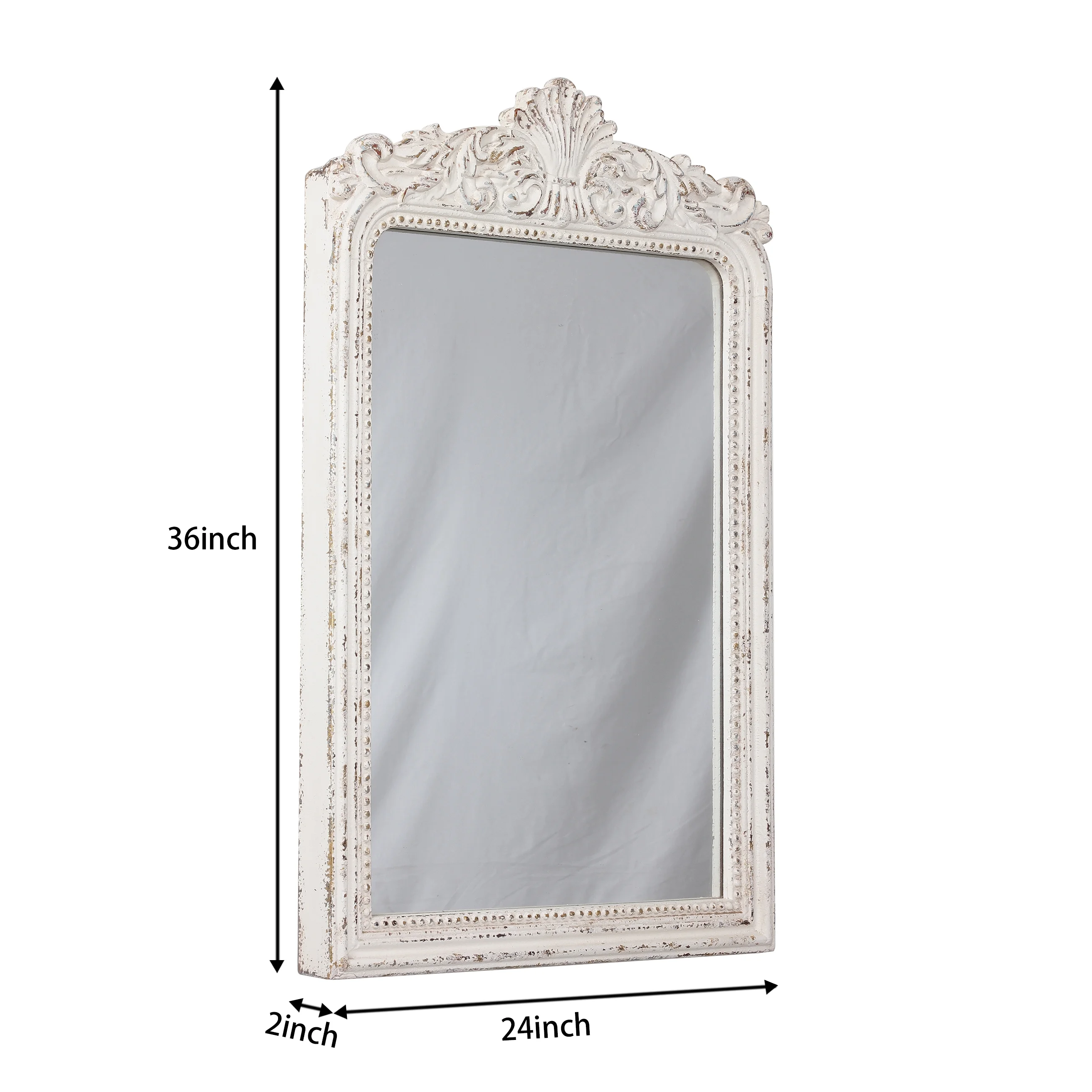Sintosin Vintage Wood Framed Arendahl for Wall Decor 24" x 36", Hanging Distressed White Rustic Arched Wall Mirror, Ornate Baroque Bathroom Antique Mirror