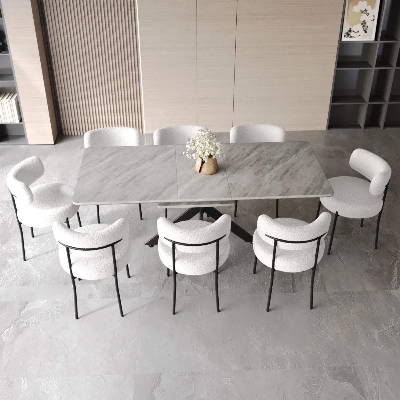62.4" Extendable to 78.15" Dining Table Set with 8 Upholstered Armless Chairs for 4-8 Persons, Grey and White Finish for Dining Room and Kitchen
