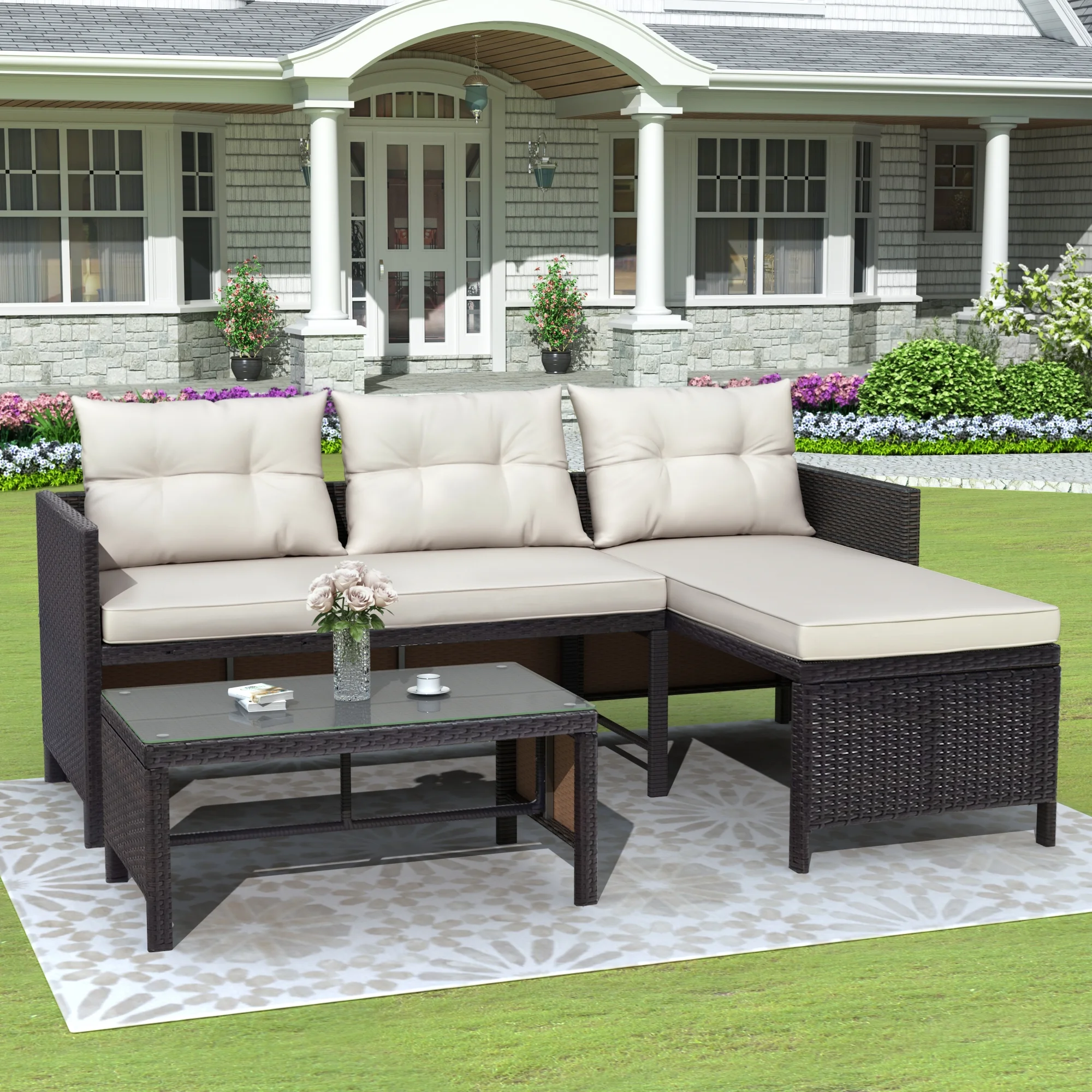 ENYOPRO 3 PCS Patio Sectional Sofa Conversation Set, All Weather Rattan Patio Furniture Set, Brown Outdoor Chaise Lounge Set with Cushion and Table, Deck Backyard Porch Furniture, JA1819