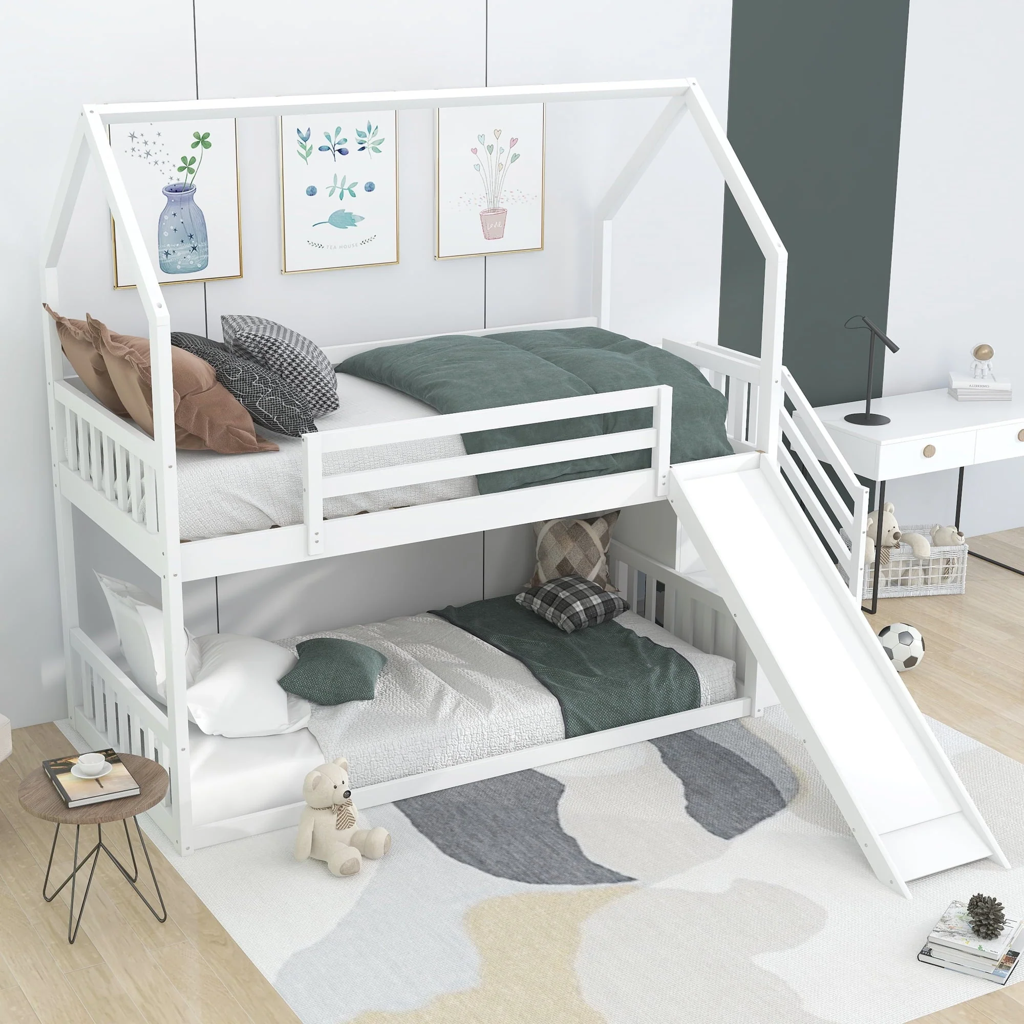 EUROCO Twin over Twin House Bunk Bed with Staircase for Kids Bedroom, Solid Wood Bunk Bed with Storage for Child, White