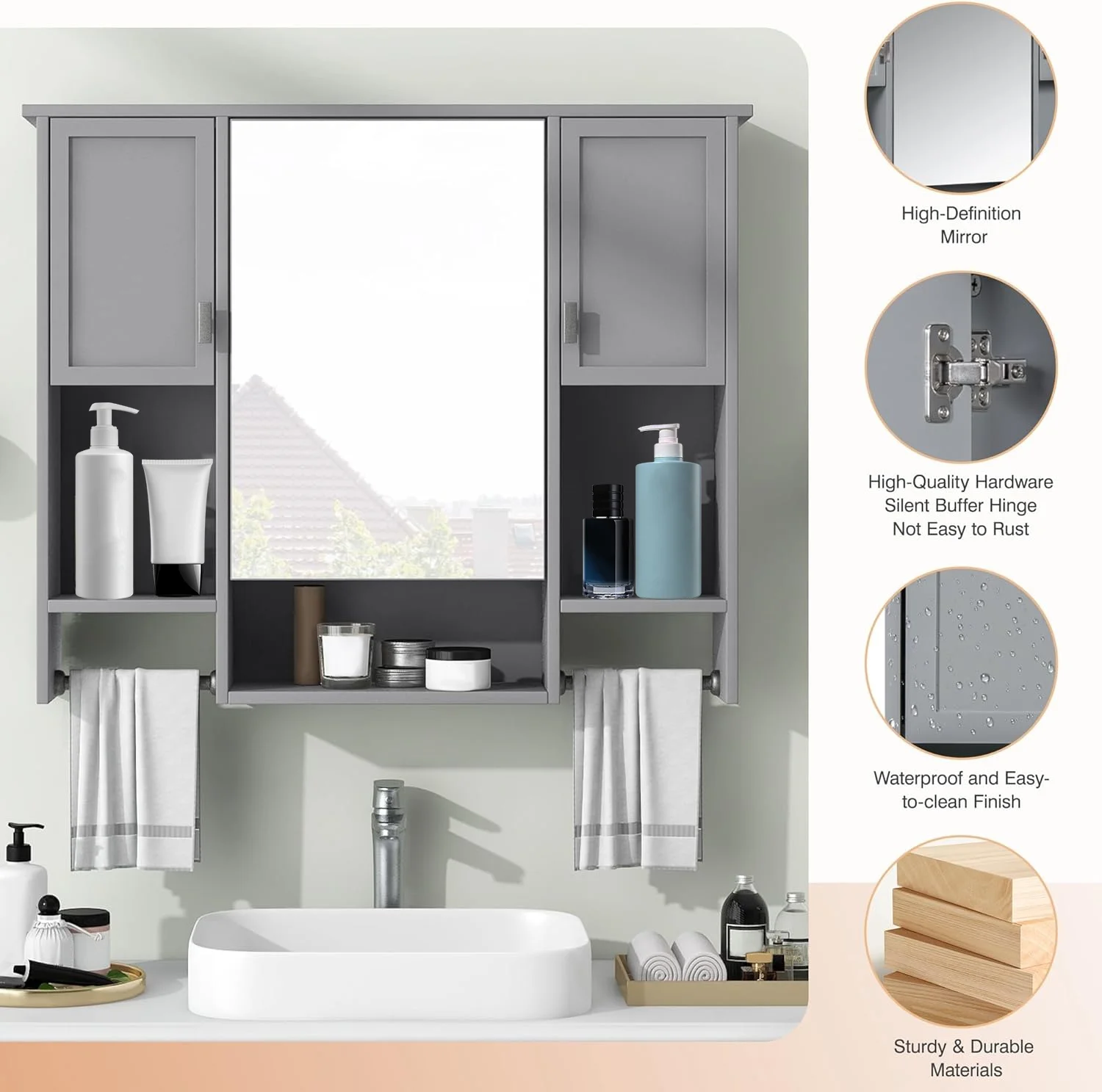 Royard Oaktree Bathroom Medicine Cabinet with Mirror, Bathroom Storage Cabinet with 3 Doors and Open Shelves, Wall Mounted Cabinet Space Saver with Towel Bars, Grey