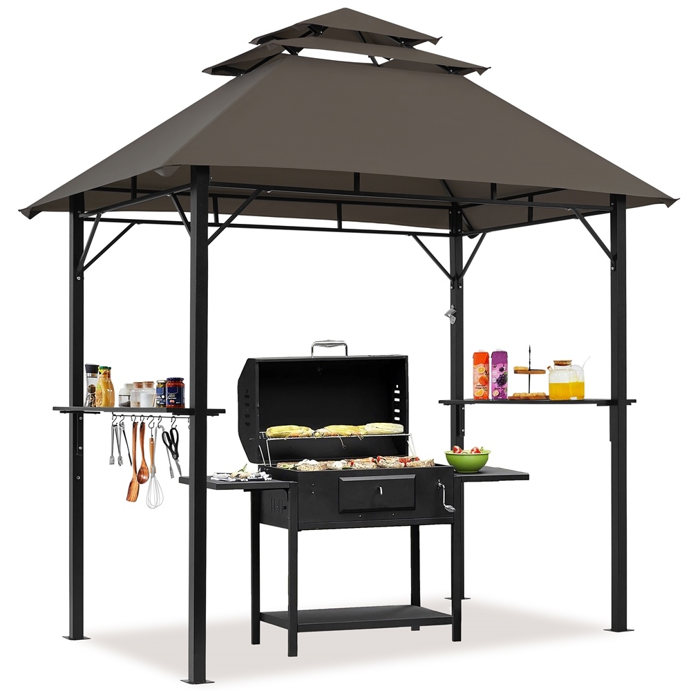 Alden Design 8*5 FT Grill BBQ Gazebo with Height-adjustable Shelves & 10 S-shaped Hooks for Outdoor, Brown