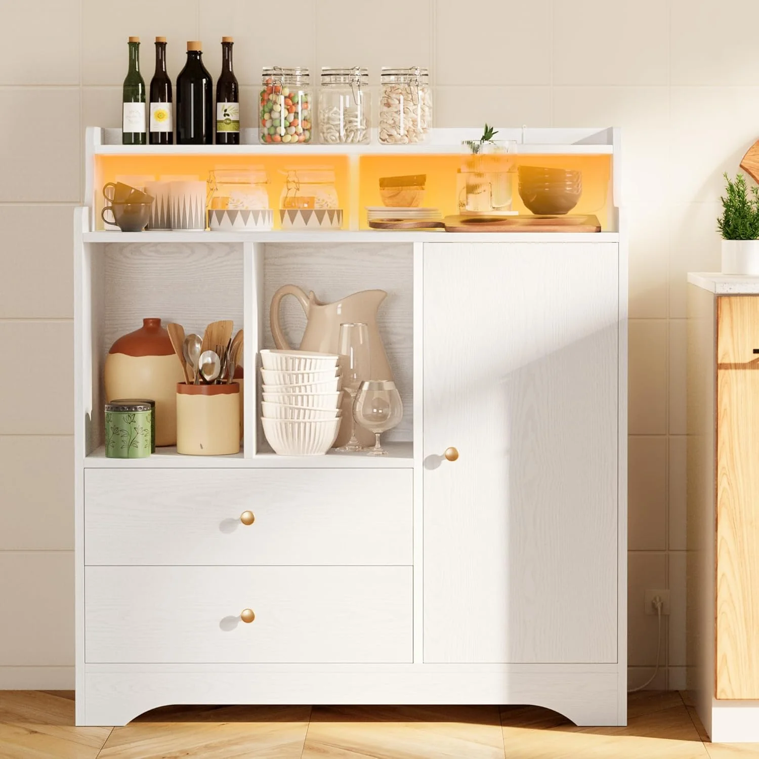 Kitchen Coffee Bar Cabinets with Storage, Liquor Cabinet with LED Lights & Power Outlets, Adjustable Shelf, Drawers, Modern Coffee Stand Station, White