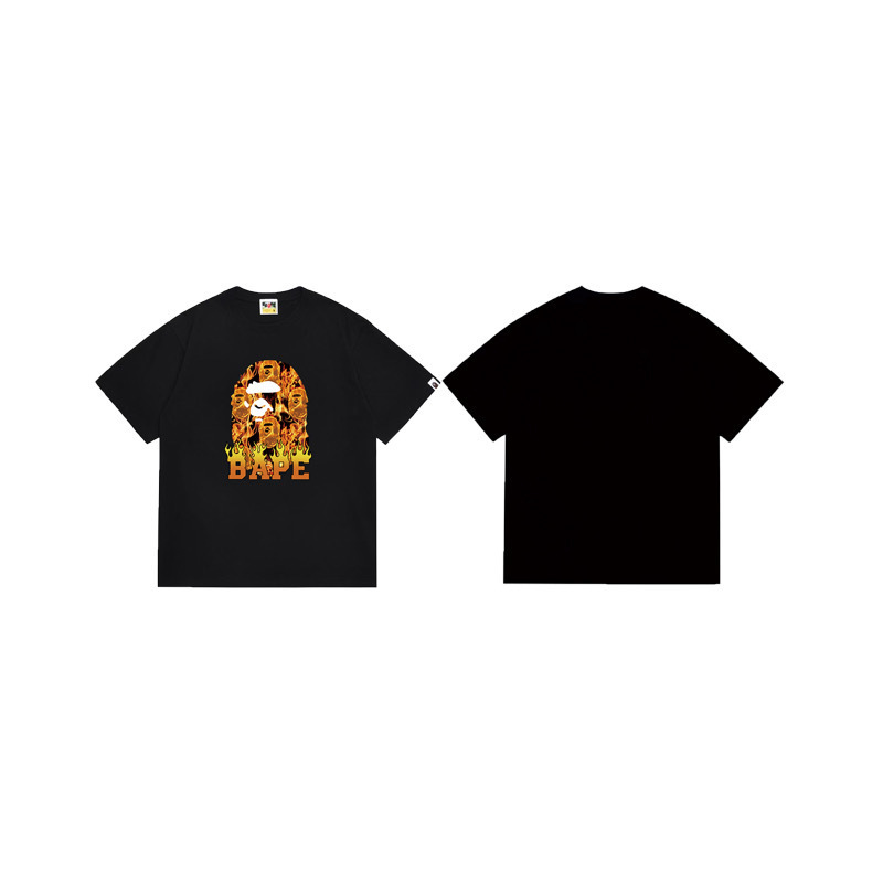 Golden lettered flame print, black loose and comfortable short sleeves