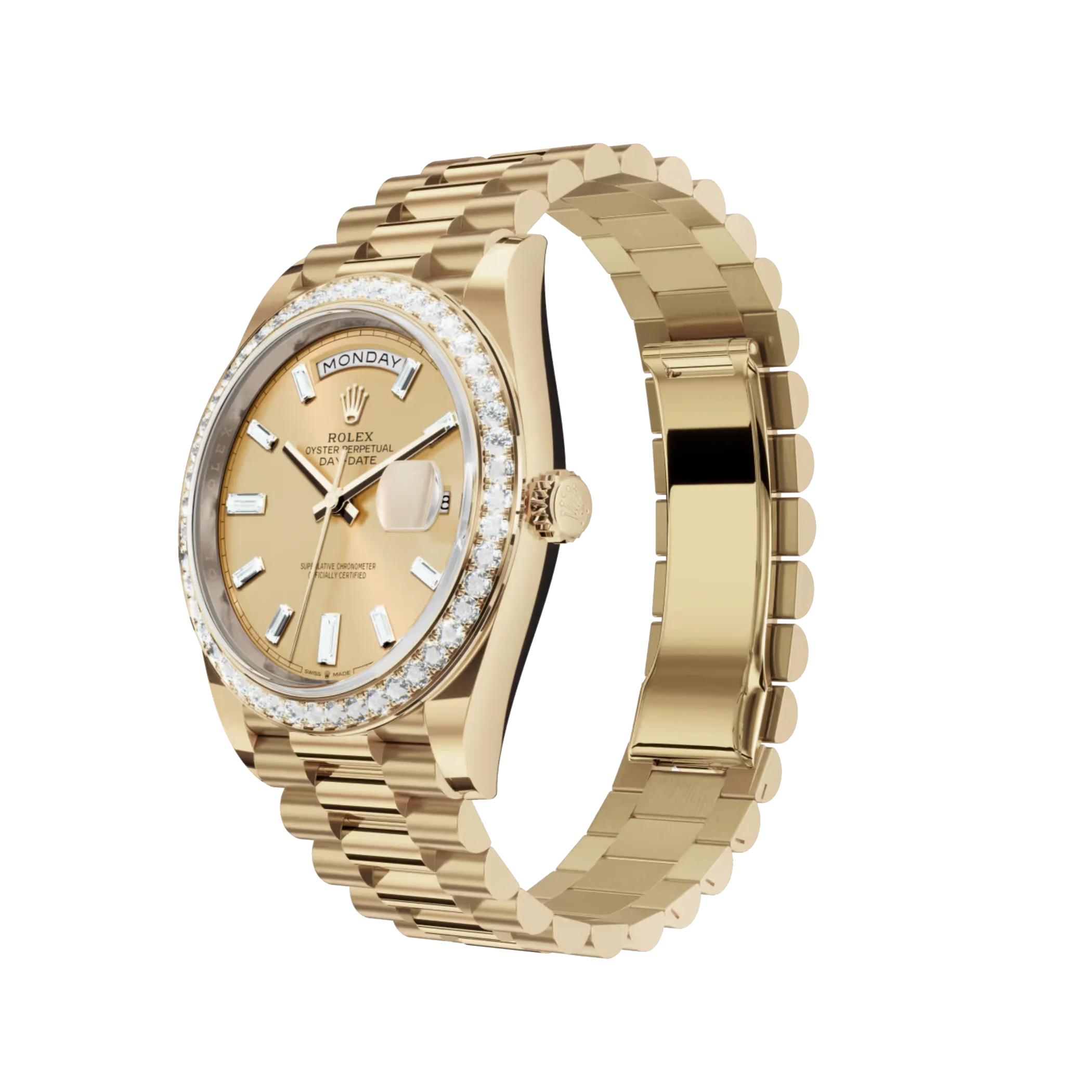 Rolex Day-Date: Yellow gold, with a champagne colour, Diamond-set dial, Diamond-set bezel and a President bracelet, m228348rbr-0002