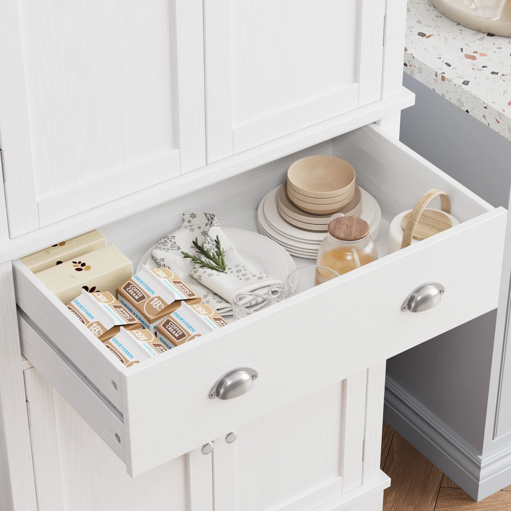 Homfa 72.4'' Tall Kitchen Pantry with 4 Doors, Large Drawer Shelves Wood Pantry Storage Cabinet for Dining Room Living Room, White