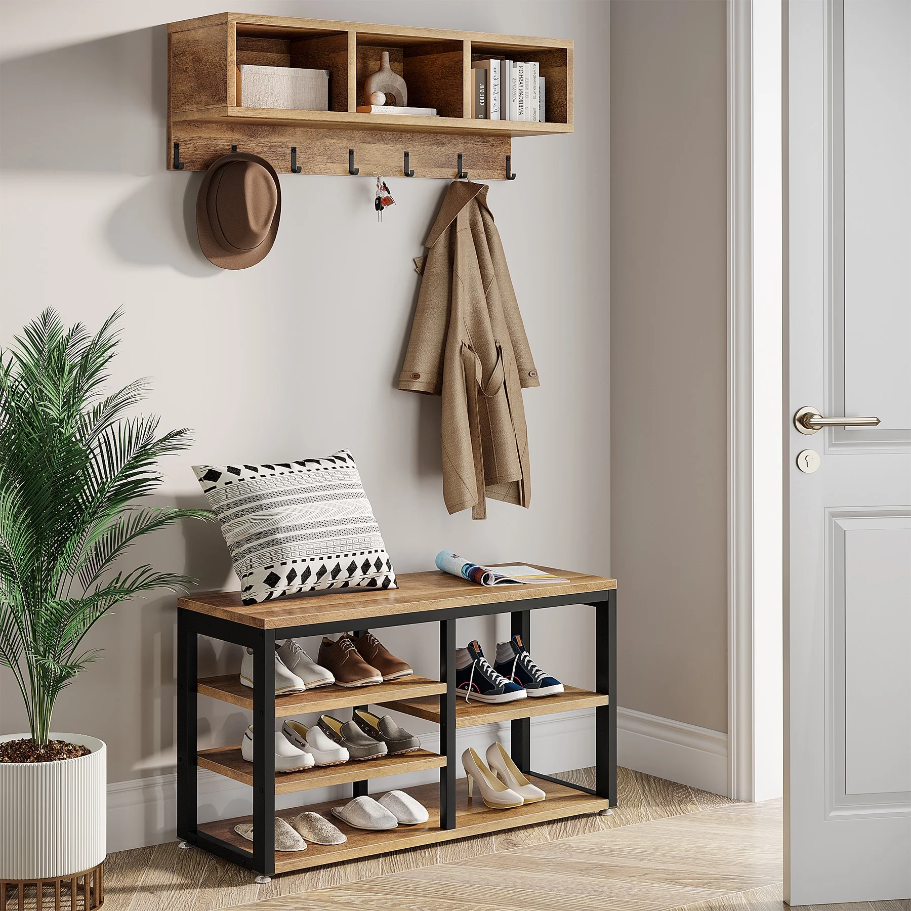 Tribesigns Entryway Coat Racks with Shoe Storage Bench, Industrial Hall Tree with 3 Storage Cubbies and 7 Hooks for Entrance, Hallway, 5-in-1 Design, Vintage Oak