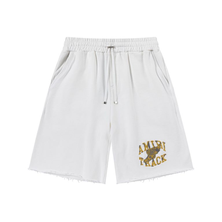 White washed yellow vintage-style letter logo printed shorts