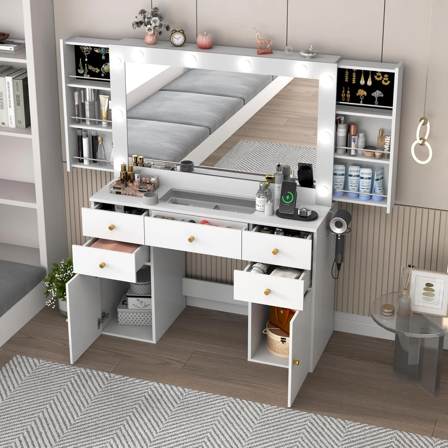 White Vanity Desk with Large Lighted Mirror & Power Outlet, Makeup Vanity Table with Glass Top & Drawers, Sliding Storage, 44.1" Large Makeup Vanity Table for Women Girls, White