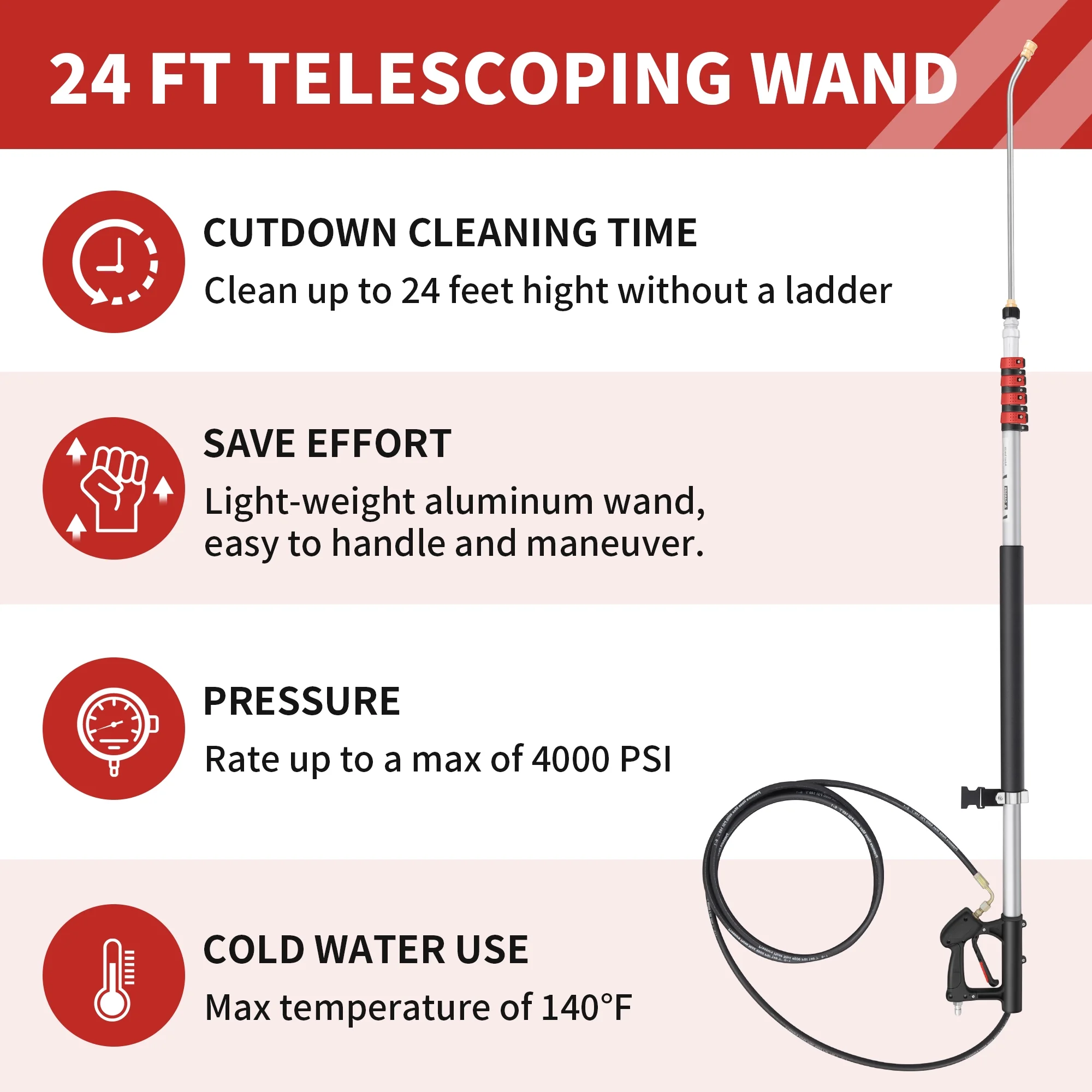 24 FT Gutter Cleaning Tools from The Ground - Telescoping Pressure Washer Wand - Gutter Cleaner Attachment with Power Washer Extension Wands, Brush, 7 Spray Nozzle Tips, 2 Hose Adapters, Support Belt