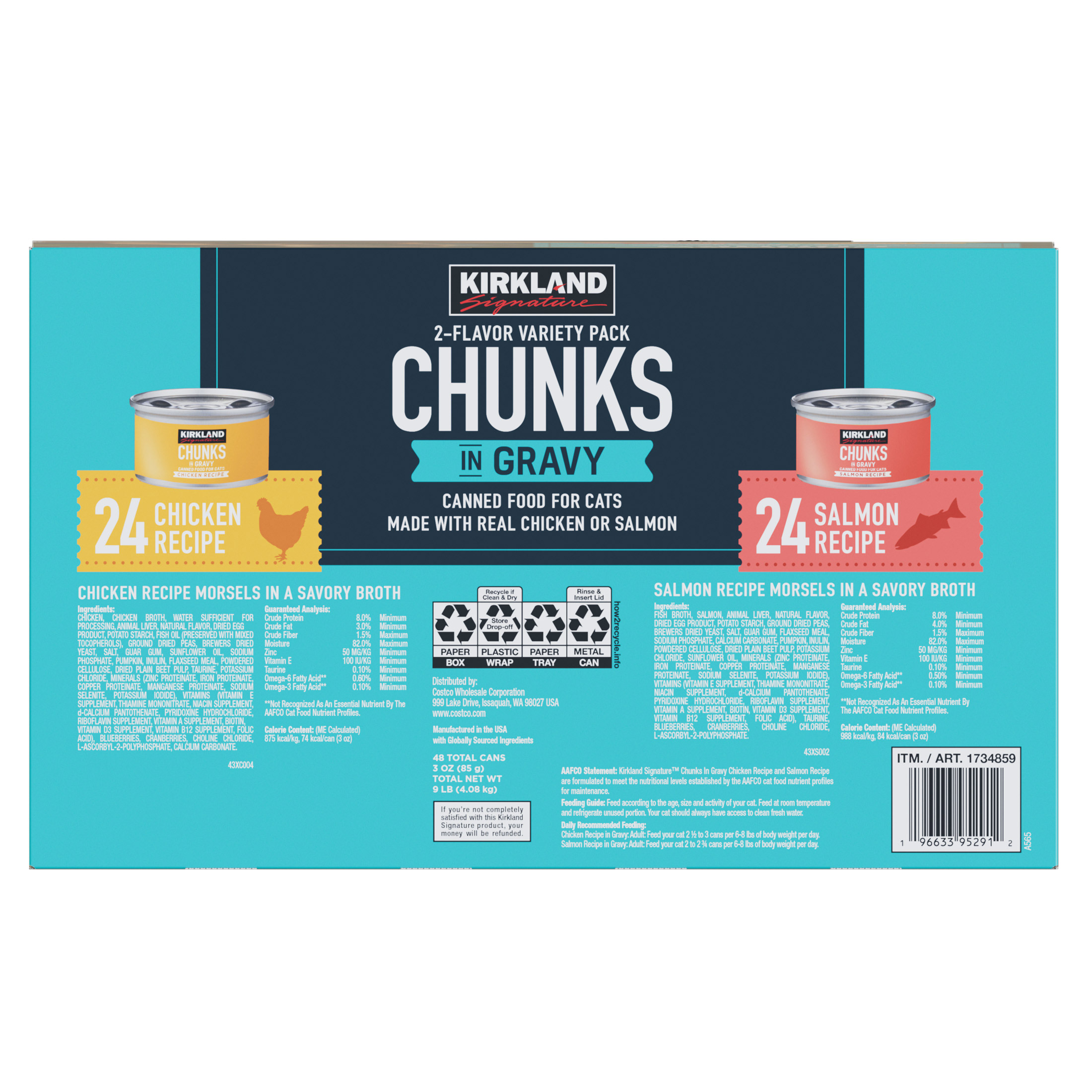 Kirkland Signature Chunks in Gravy, Canned Cat Food Variety Pack, 3 oz, 48-count