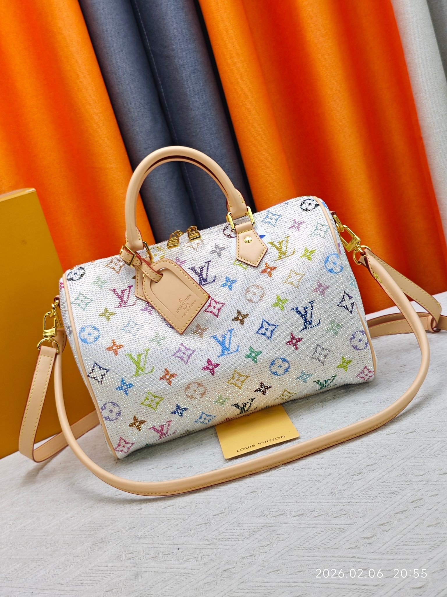 LV x TM LV Speedy 30 Full White Crystal Multicolore Boston Top Handle Bag