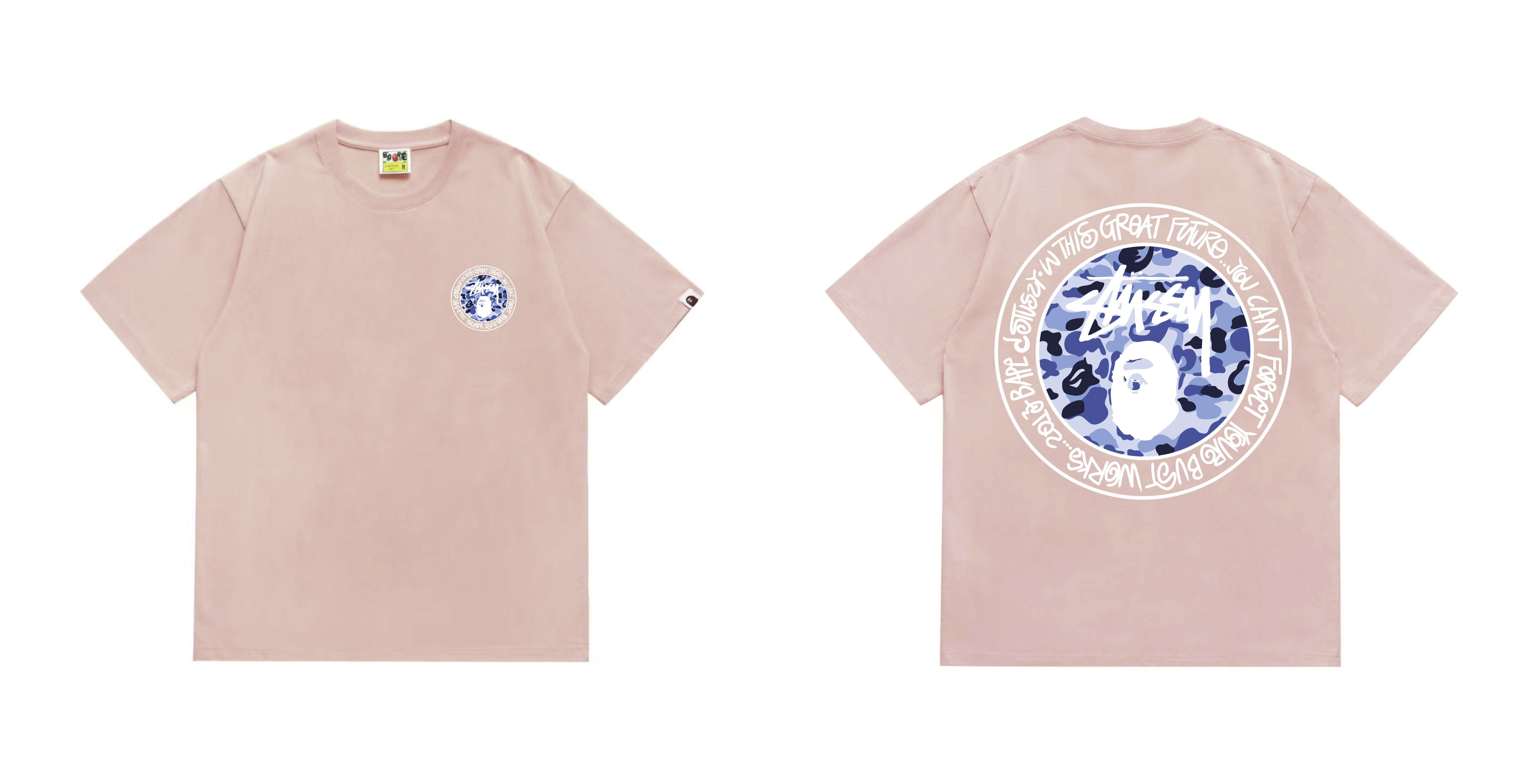 Pink round sheep print with blue dots on a short-sleeved shirt