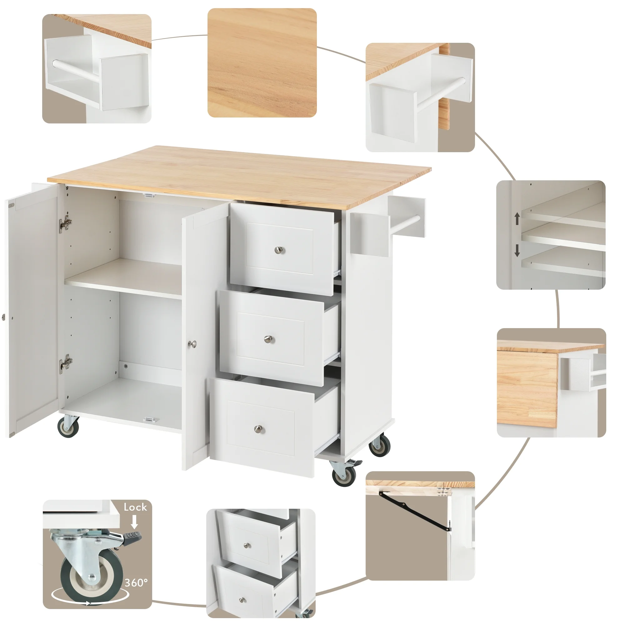 White Kitchen Cart on Wheels with Solid Wood Top, Utility Kitchen Islands with Storage Cabinets and Drawers, Spice Rack, Shelves, Large Workstation Breakfast Bar, Rolling Cart Kitchen Bakers Rack