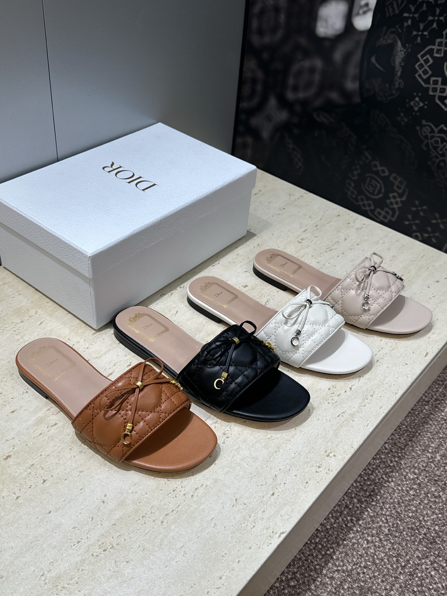 Dior Quilted Bow Accent Flat Sandals