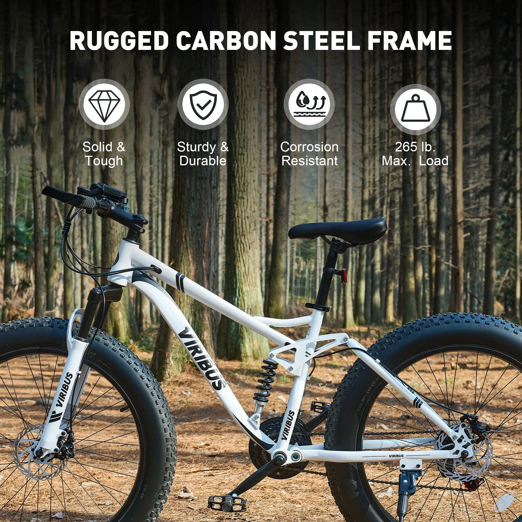 VIRIBUS 26" Fat Tire Mountain Bike Full Suspension Bike with 21 Speeds Disc Brakes White