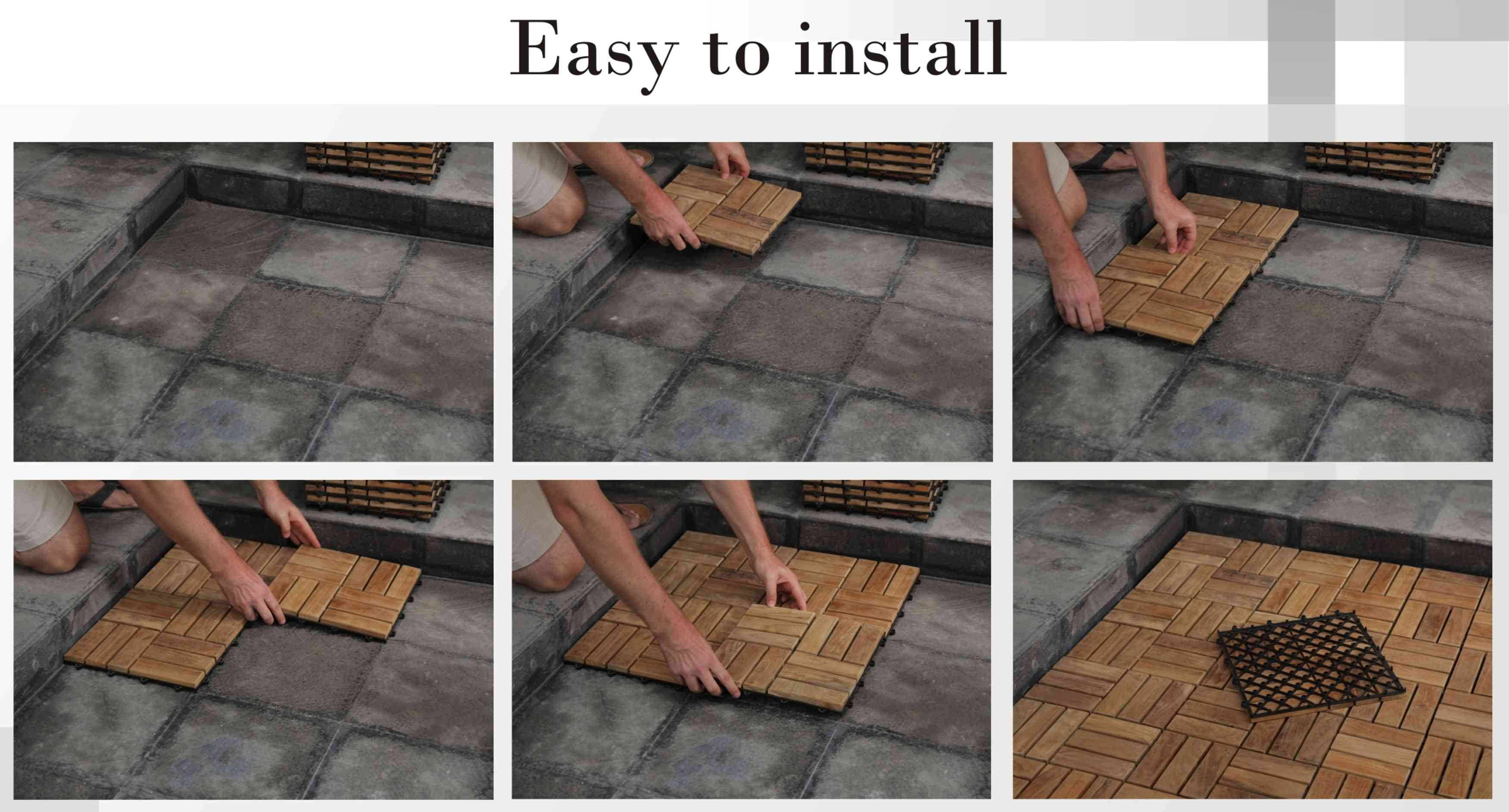 Bare Decor EZ-Floor Interlocking Flooring Tiles in Solid Teak Wood (Set of 10), Long 9 Slat