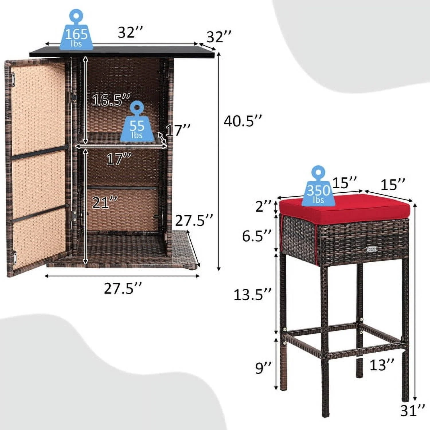Aimee Lii 5 Pieces Patio Rattan Bar Table Stool Set Hidden Storage Shelf Cushioned, Outdoor Patio Furniture, Red