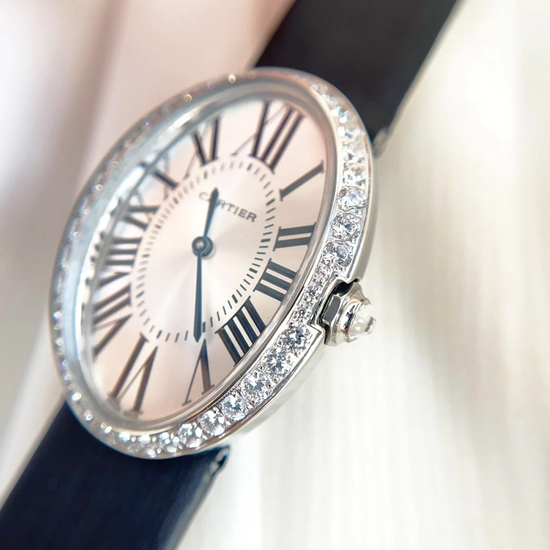 Cartier Watch Baignoire 28mm Silver Diamond Case Black Silk Leather
