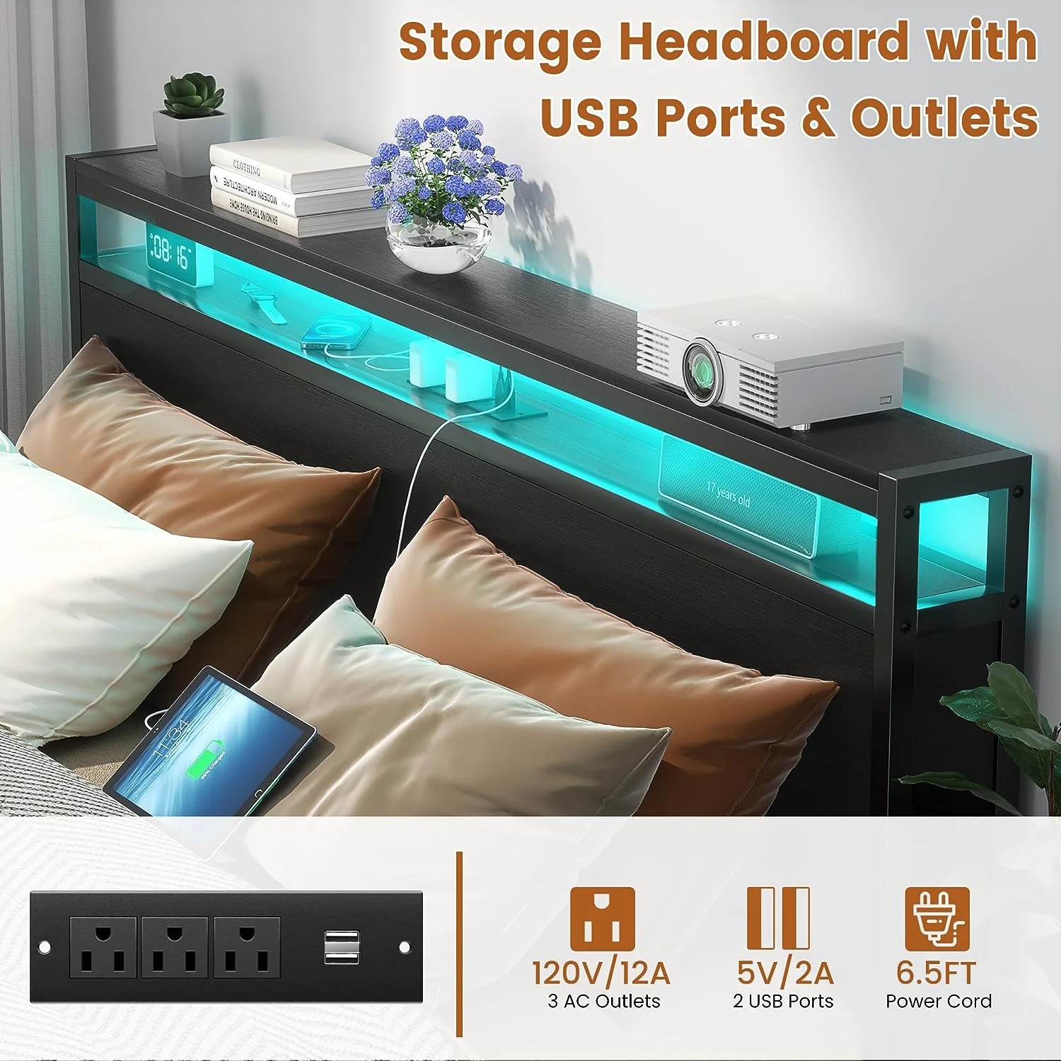 Homieasy Queen Size Bed Frame with Charging Station and LED Strip, Industrial Platform Bed with Headboard and Storage, Steel Slat Support, No Box Spring Needed, Noise-Free, Easy Assembly, Black