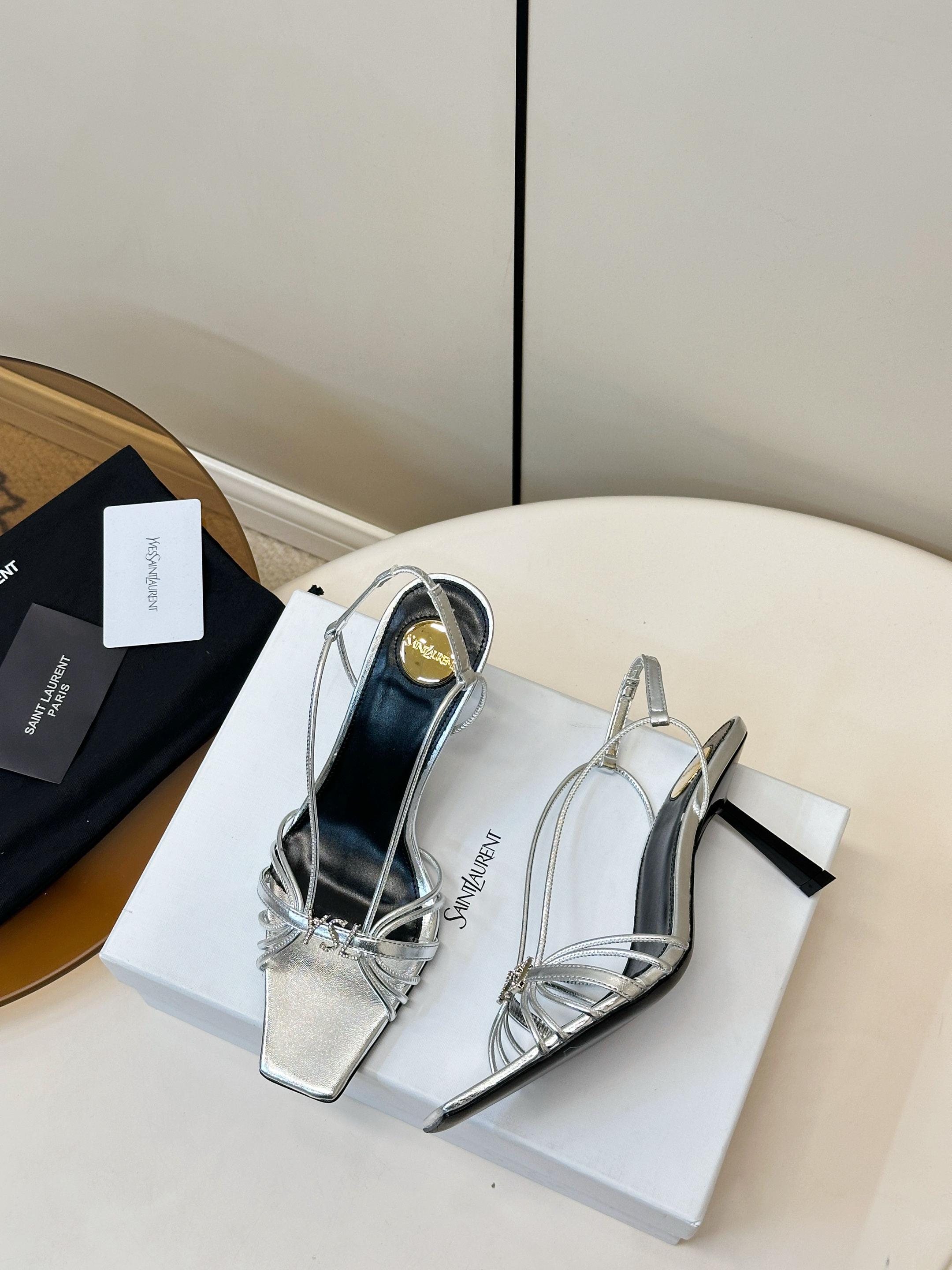 YSL Cassandra Square Toe Crystal Logo Metallic Leather Strappy Slingback Heel Sandals
