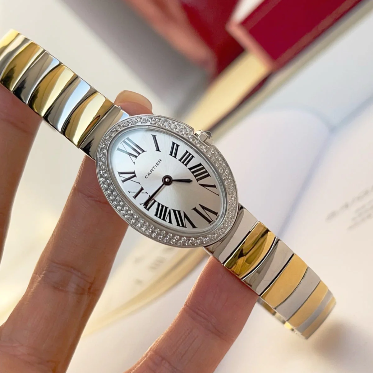 Cartier Watch Baignoire 23mm Tow-Tone Yellow Gold Double Row Diamond Bezel