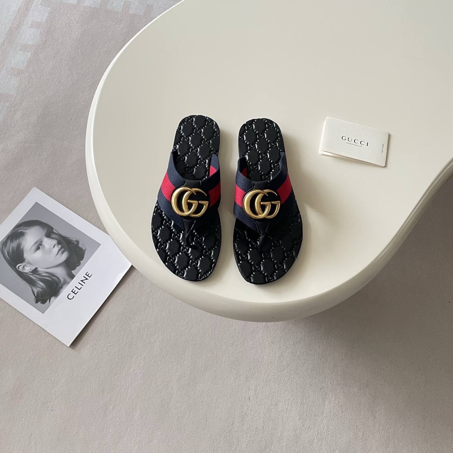Gucci Double G Web Stripe Thong Sandals