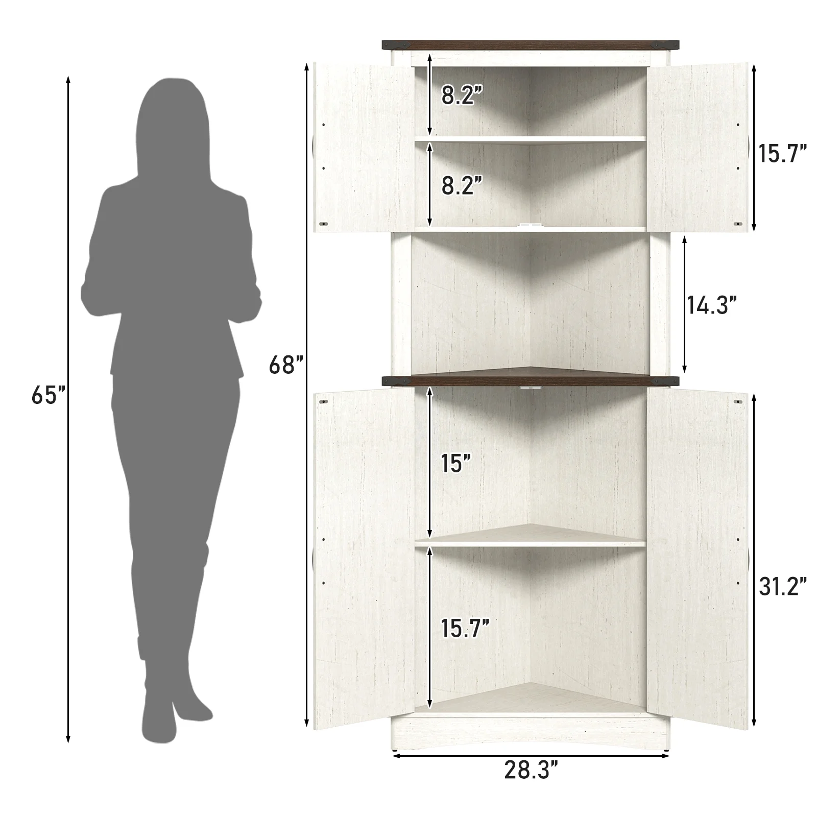 Blotout 68" Tall Farmhouse Corner Cabinet with 4 Doors, 28.3" W Barn Door Storage Cabinet with Adjustable Shelves, 5 Tier Corner Storage Cabinet for Bathroom,Living Room,Kitchen