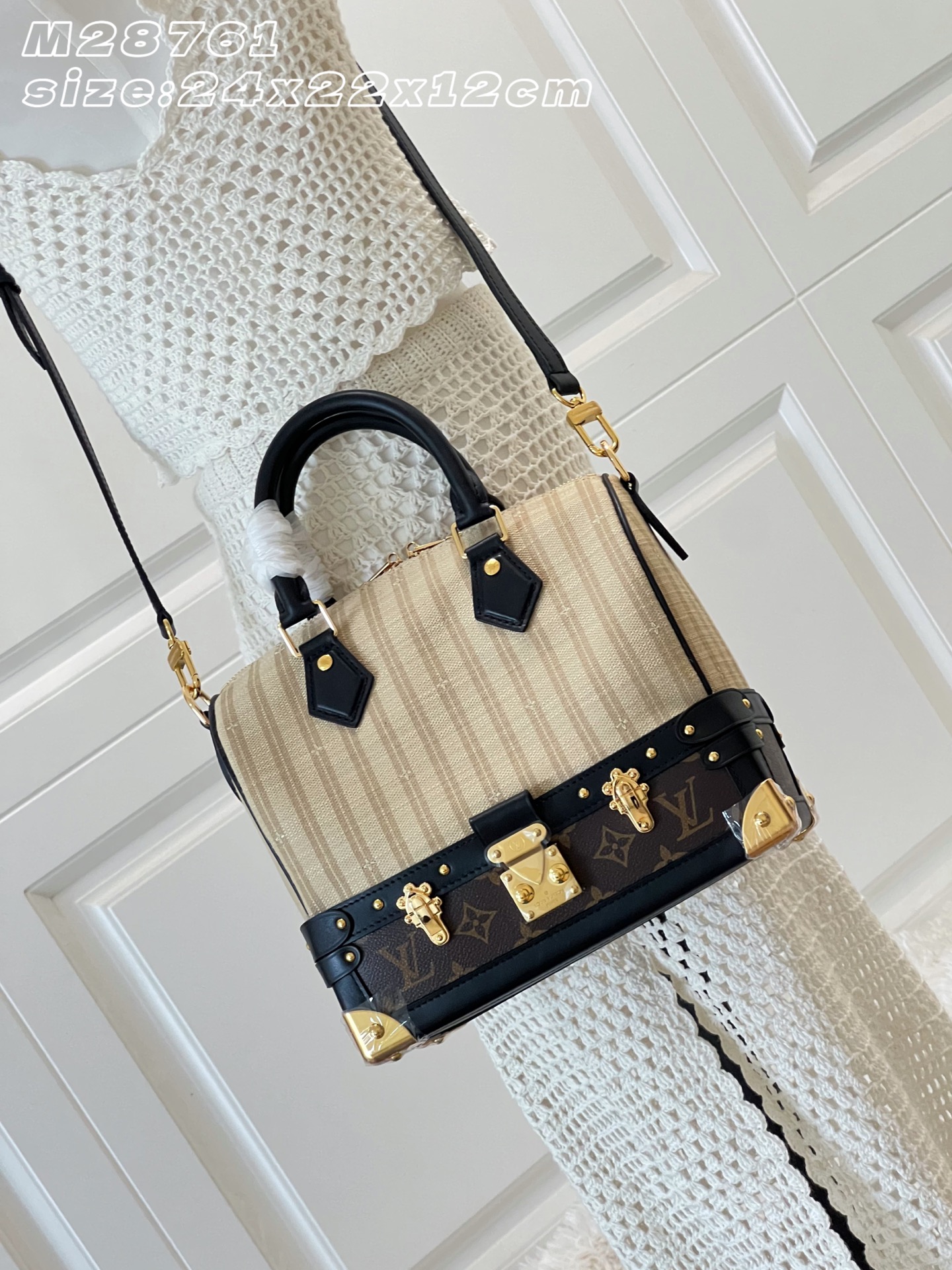 【15A】  LV Speedy Bandoulière 22/30 Out Of The Trunk Beige Stripe Canvas Monogram Trunk Bottom Handbag