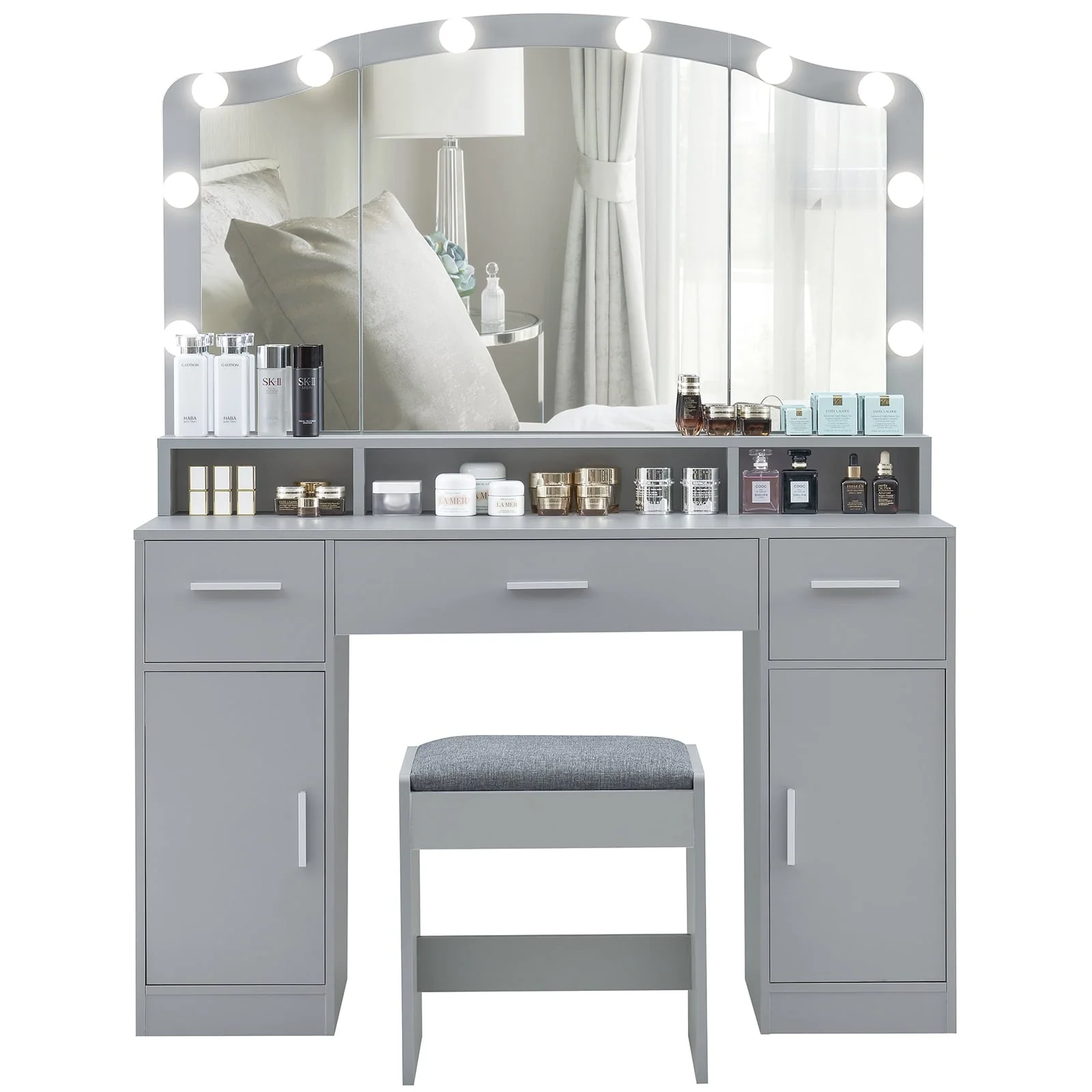 USIKEY Large Vanity Set with Large Lighted Mirror, Modern Makeup Vanity Table with 3 Drawers, 2 Storage Cabinets & 10 LED Bulbs and Cushioned Stool for Women, Bedroom, WhiteSZT32WD