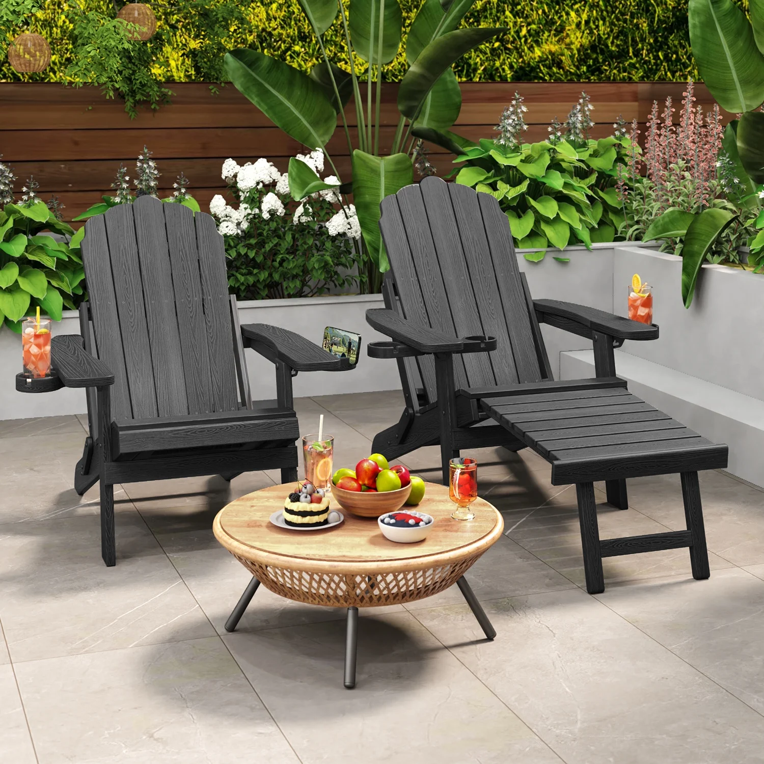 Asofer Adirondack Chair with Retractable Ottoman, HDPE Folding Adirondack Chair with Cup Holder, Black