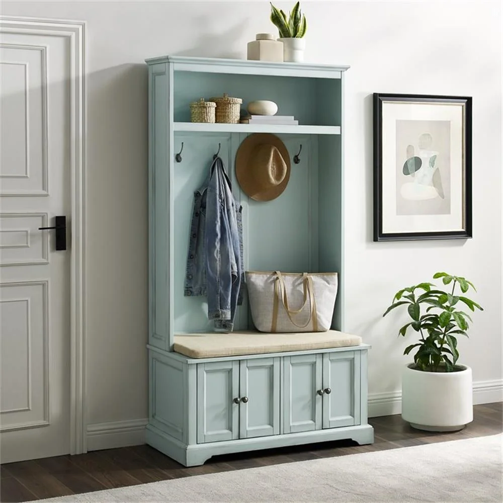 Bowery Hill Traditional Wood Hall Tree in Seafoam Blue/Oatmeal