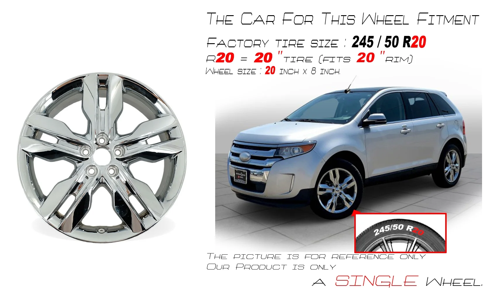 For Ford Edge Chrome Clad OEM Design Wheel 20" 20x8 2011 2012 2013 2014 Single Replacement Rim 3847 03847