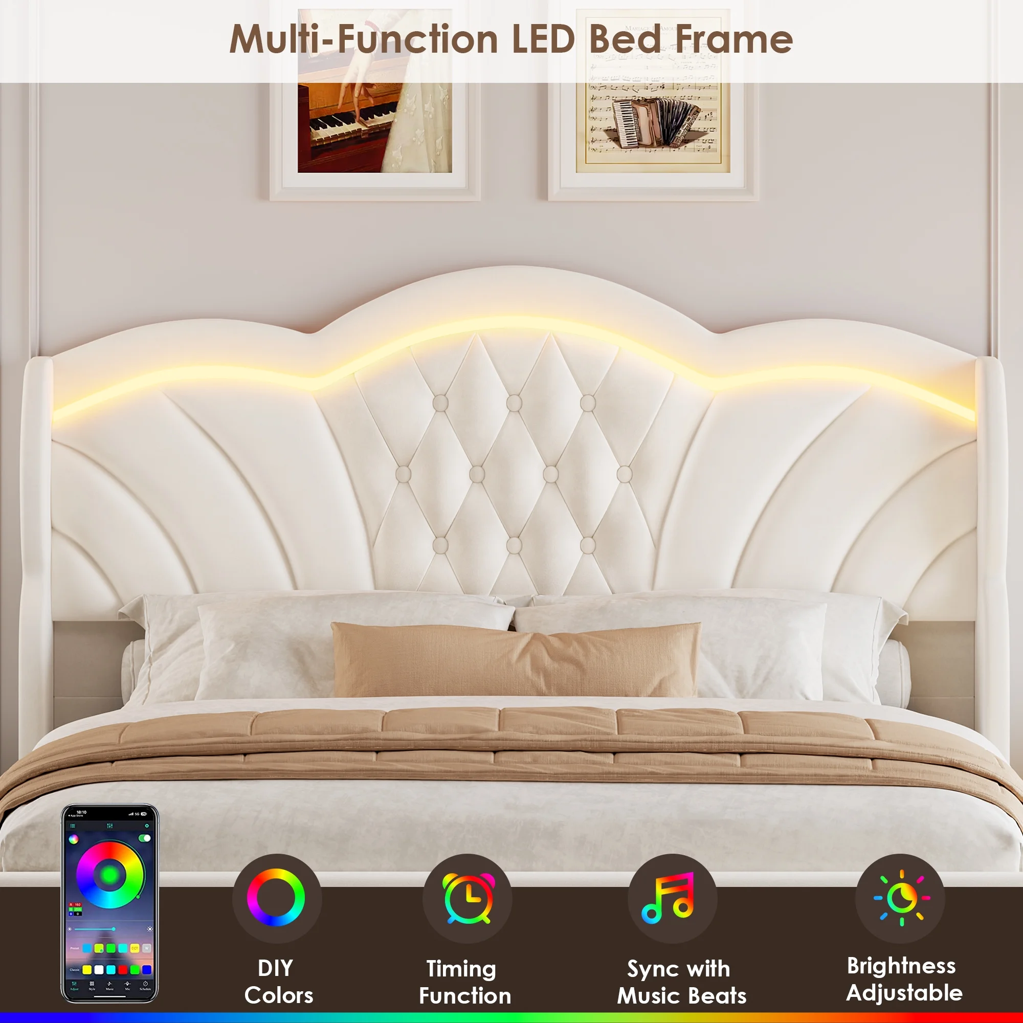 Hiphuta Modern Queen Bed Frame with 2 Drawers, LED Lights Platform Bed Frame, Sturdy Beds Frame with Upholstered Button Tufted Headboard, Velvet White