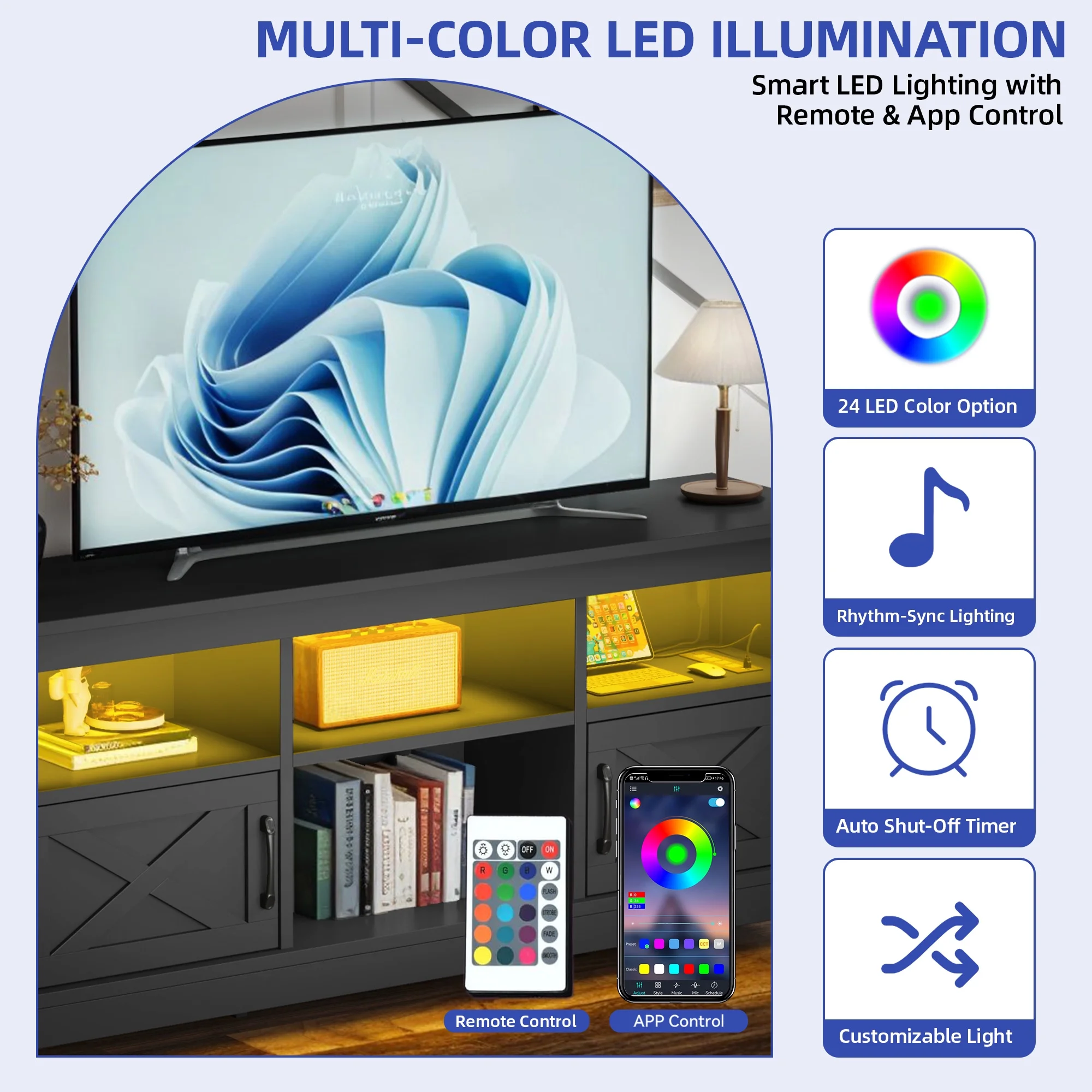 Uforic 59" TV Stand for 65" TV , White Entertainment Center with Storage Cabinets, Open Shelves, 24-Color LED Light Strip & Built-in Power Strip, Black