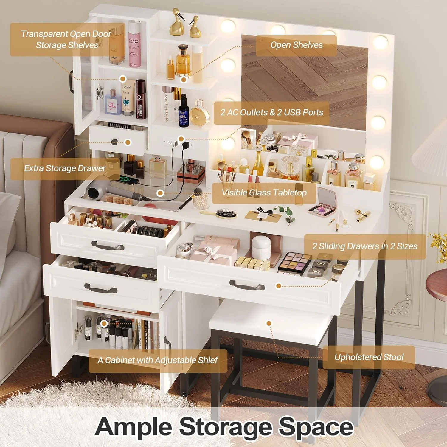 AMUZER Modern Vanity Desk Set with Mirror and Lights & Stool, Makeup Vanity Table with Charging Station, 4 Stoarge Drawers & Double-Door Cabinet, White