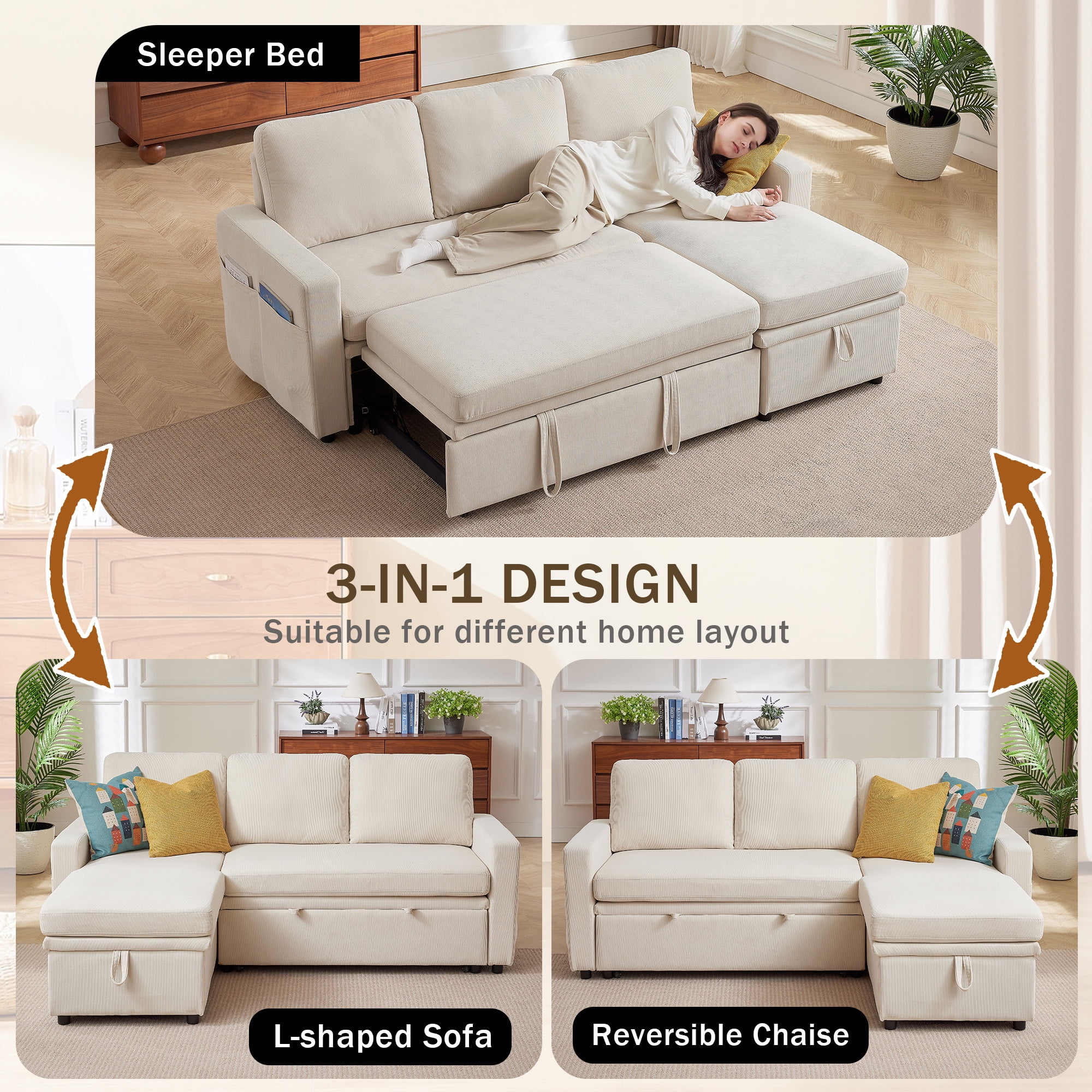 Pingliang Home Pull Out Sleeper Sofa Bed Sectional Sofa with Storage Chaise,L Shaped Sectionals Couches with Side Pockets,Modern Linen Reversible Sofa Couch for Living Room Apartment Office Studio