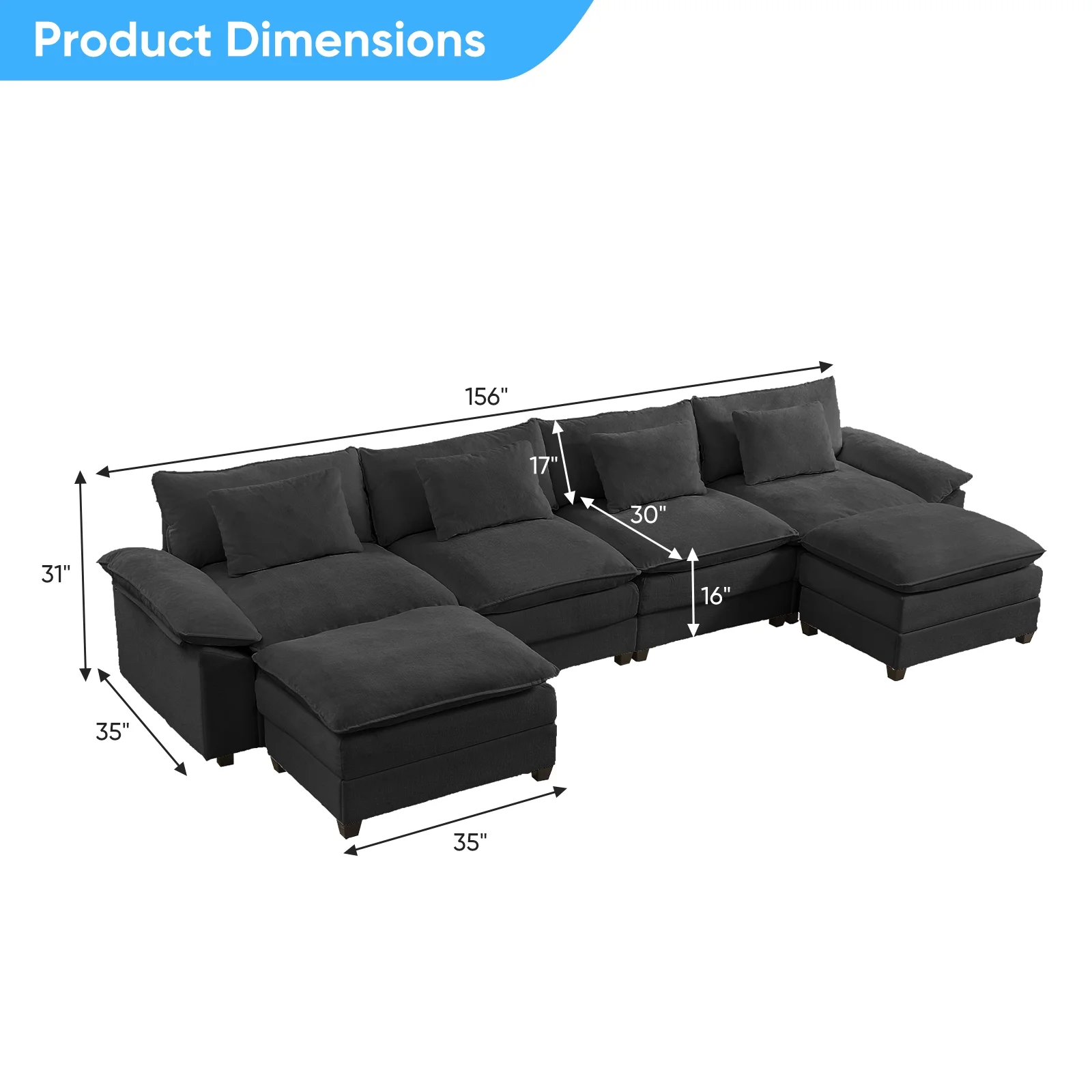 CECER 156'' U Shaped Sectional Sofa with Movable Ottomans, Chenille Modular Cloud Couch Sectionals, Deep Seat Couches for Living Room - Dark Gray