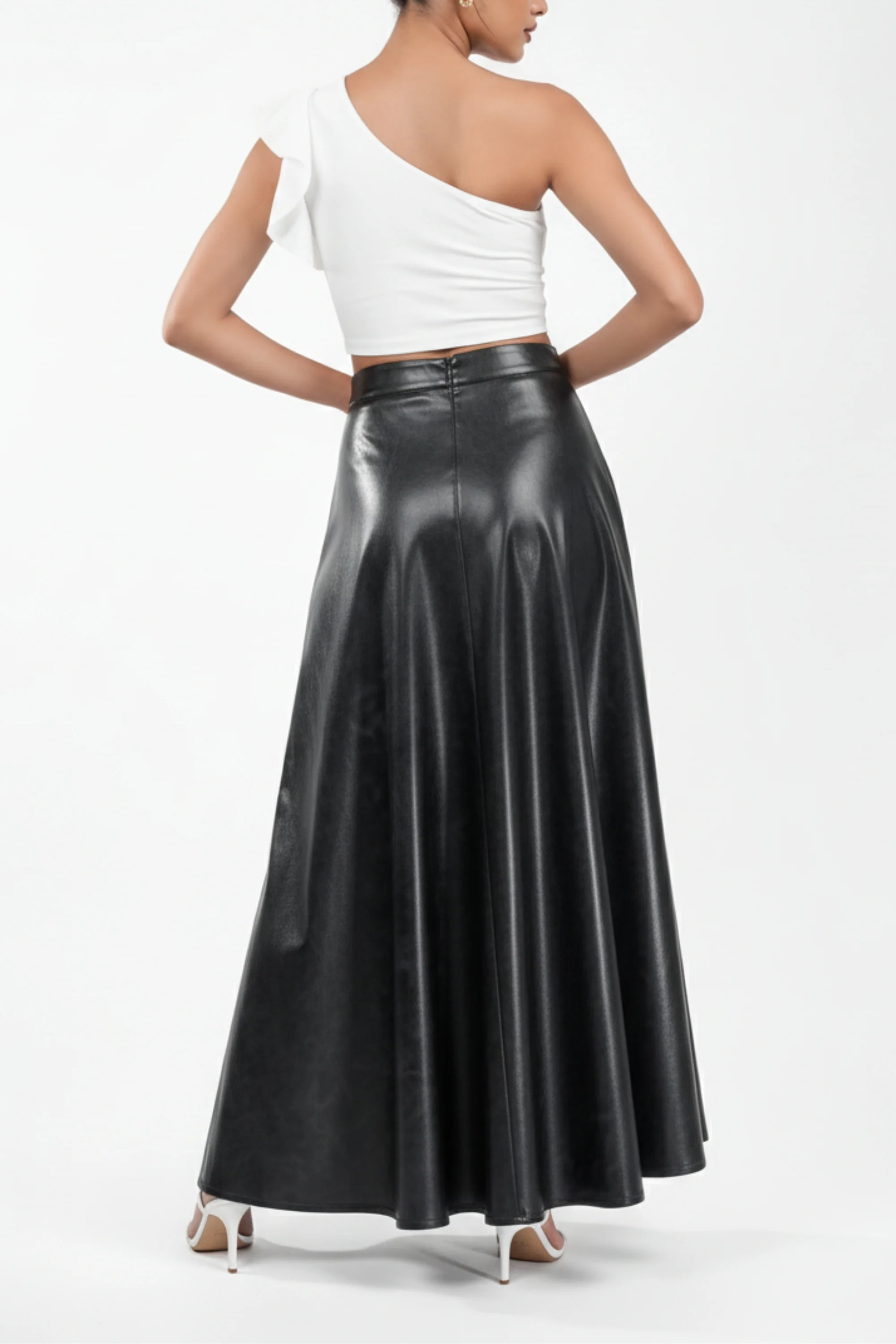 Carbon Black Flared Leather Skirt
