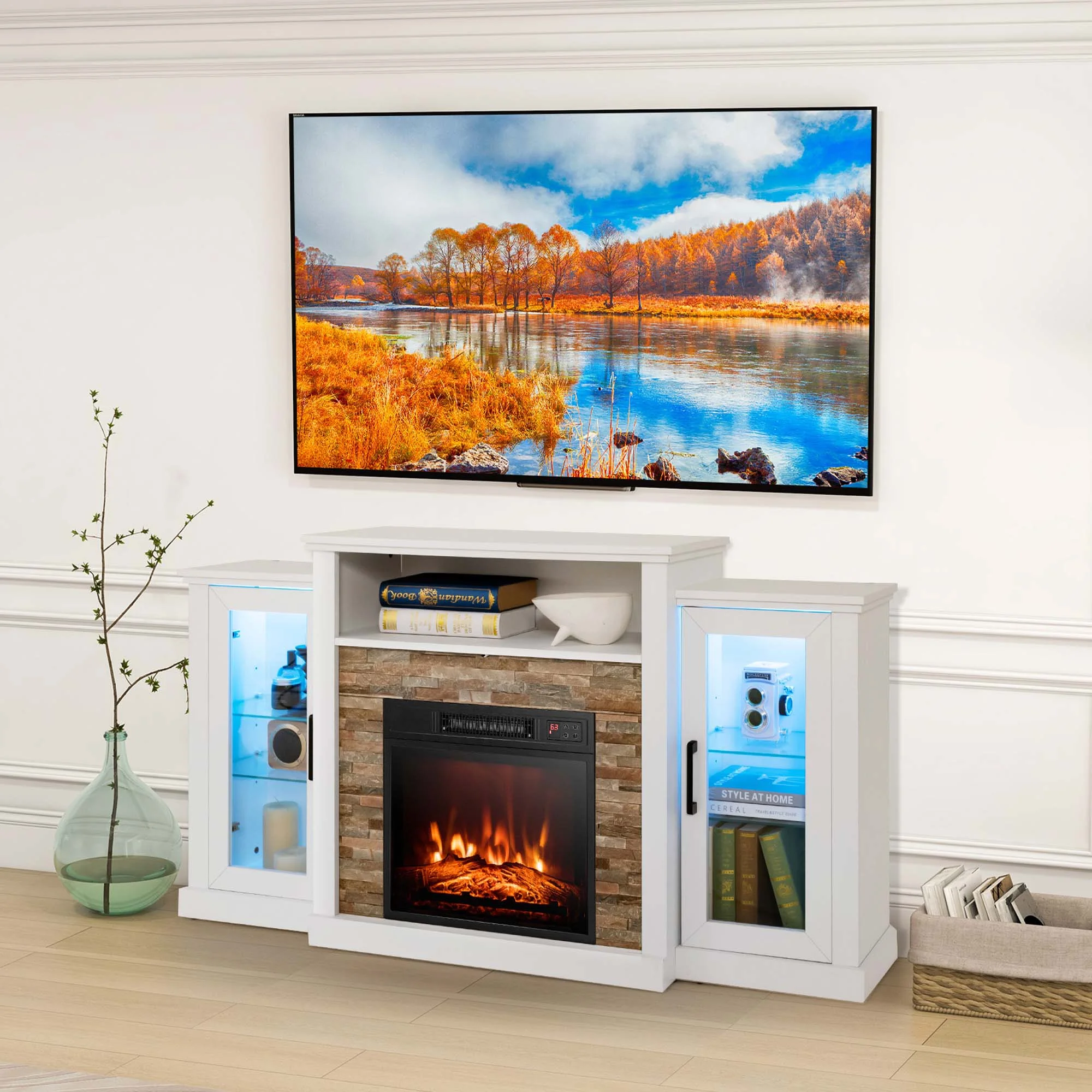 Costway Fireplace TV Stand with Led Lights & 18'' Electric Fireplace For 65