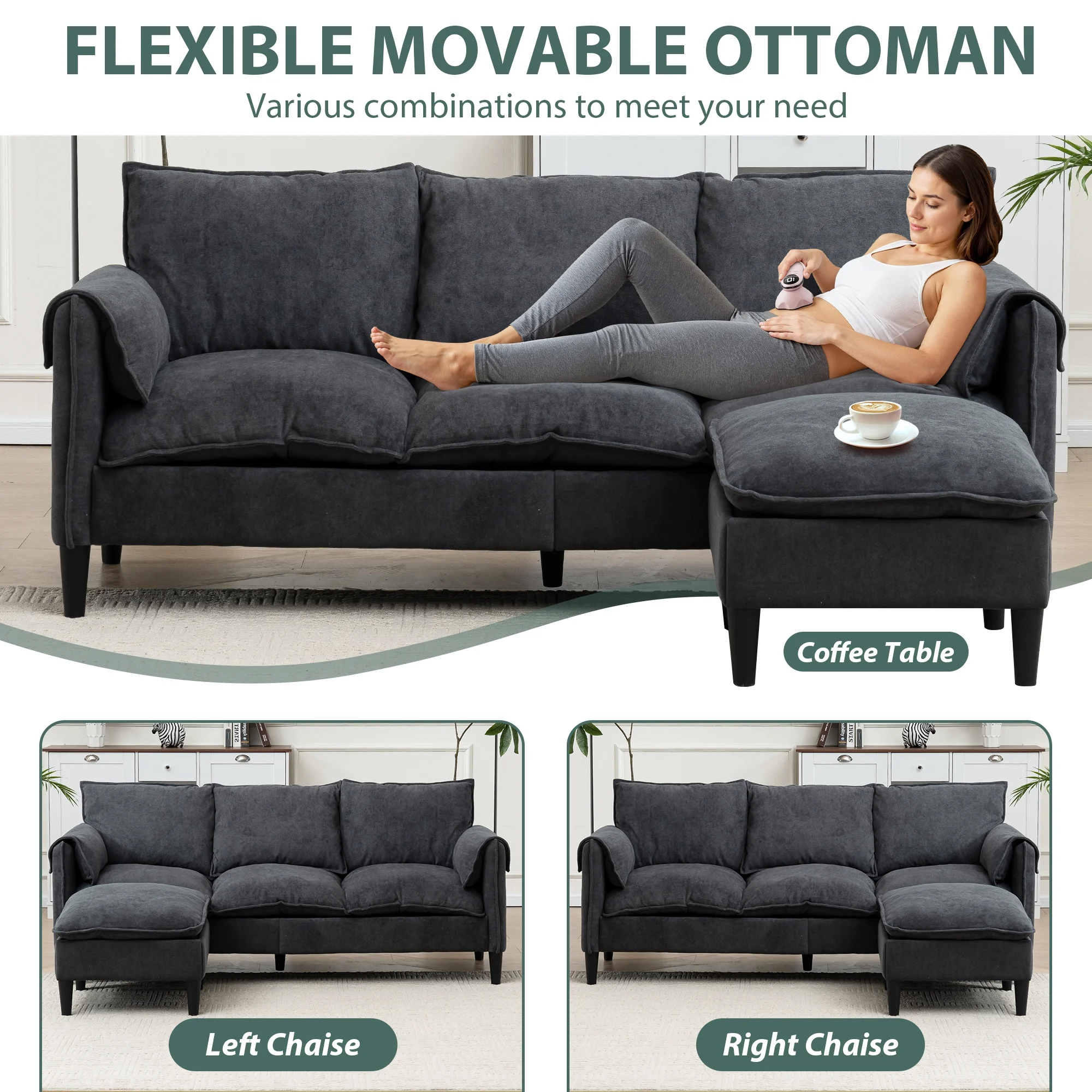 FFH Sectional Sofa Modular with Ottomans with Storage,78" Cloud Couch Sectional with Comfy Armrests & Seat,4 Seater L Shaped Couches for Living Room Apartment,Solid Wood Frame,Black