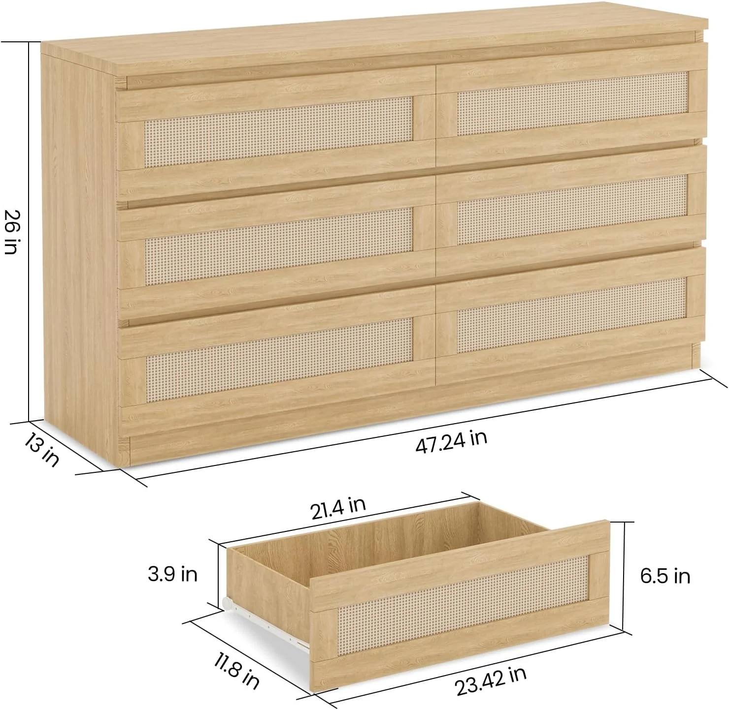 Jojoka 6-Drawers Rattan Dresser for Bedroom Chest of Drawers, TV Stand for 55" TV, Wood Top Storage Organizer Cabinet for Living Room, Entryway, Hallway, Natural
