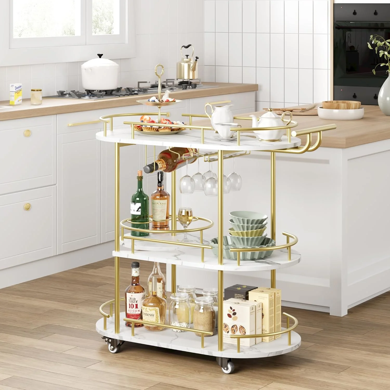 Yesurprise Gold Bar Cart 3 Tier Bar Carts for The Home Rotated Bar Cart Gold with Wine Rack and Glass Holder Bar Serving Cart with Wheels for Living Room Kitchen Dining Room