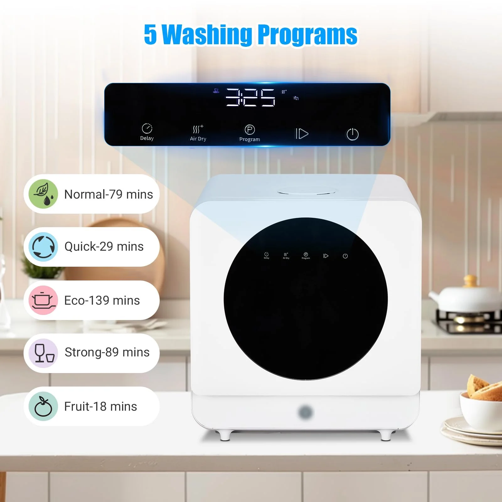 Portable Countertop Dishwashers, Compact Dishwashers with Air-Dry Function for Small Apartments, 5 Washing Programs