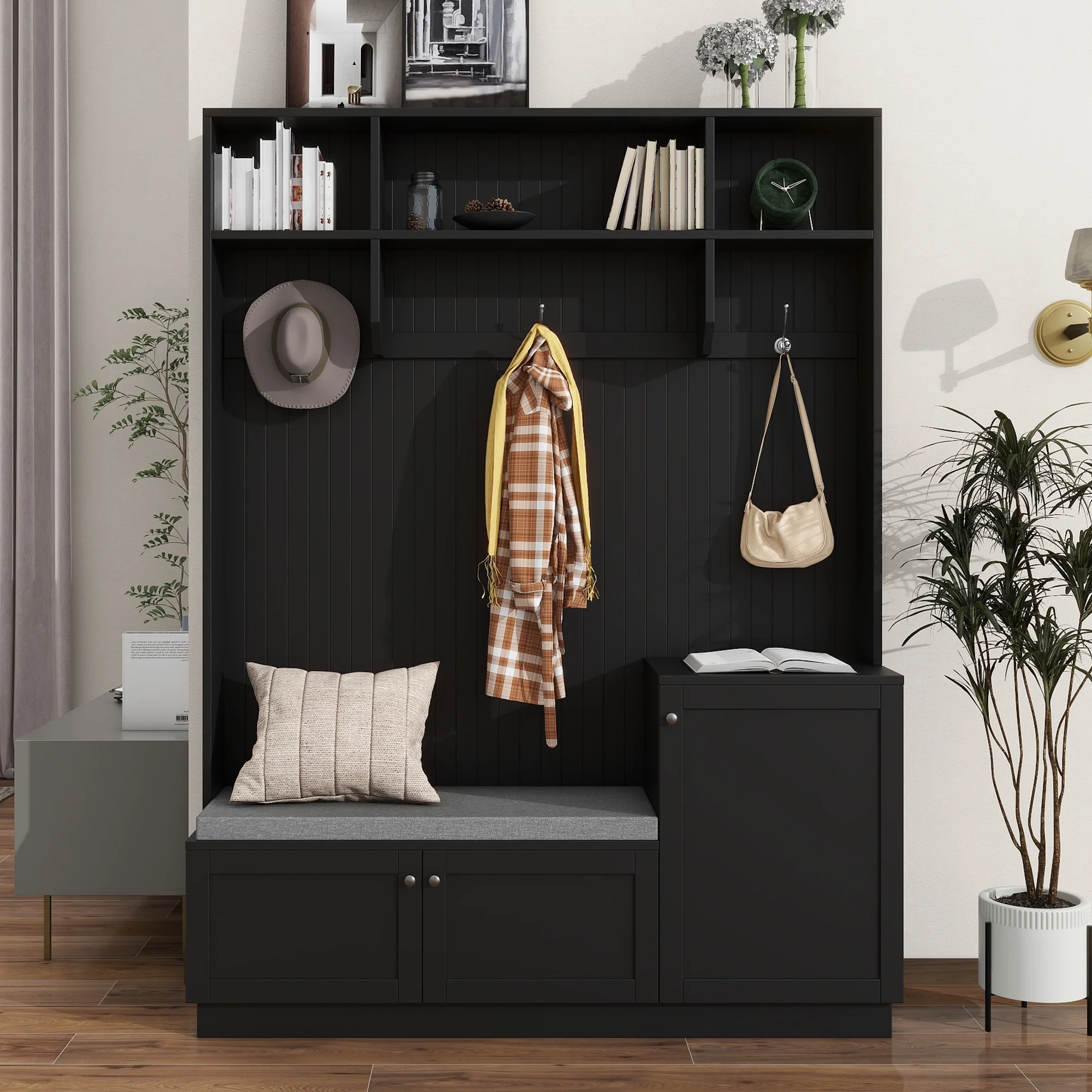 Euroco Modern Entryway Hall Tree with Bench, Cushion, Cabinets, Shelves & Hooks �C Mudroom Organizer Storage Unit
