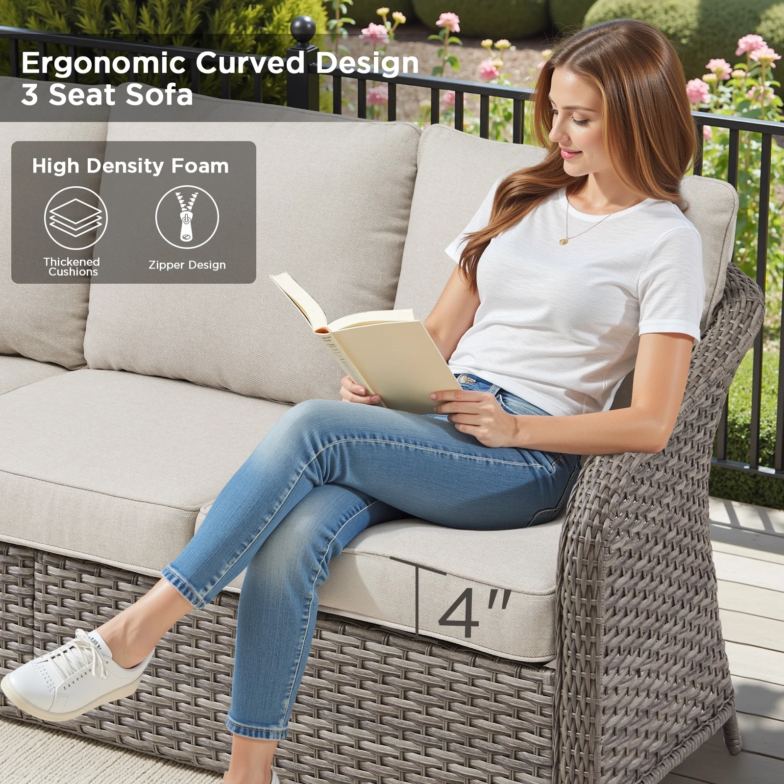 3-Seat Patio Wicker Sofa Outdoor Rattan Couch Furniture Steel Frame with Beige cushion&Waterproof Cover, Gray