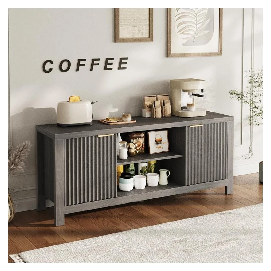 Grey Oak 65 Inch Fluted TV Stand with Open Shelves and Storage Cabinets Modern Heavy Duty Entertainment Center for Living Room Bedroom