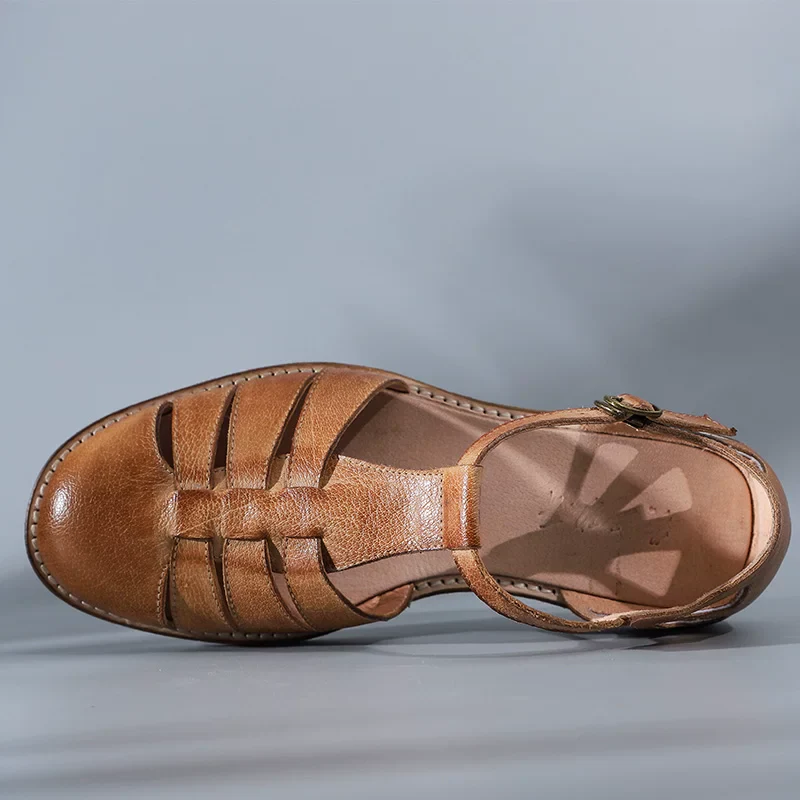 Original handmade retro cowhide French literary men's Roman sandals