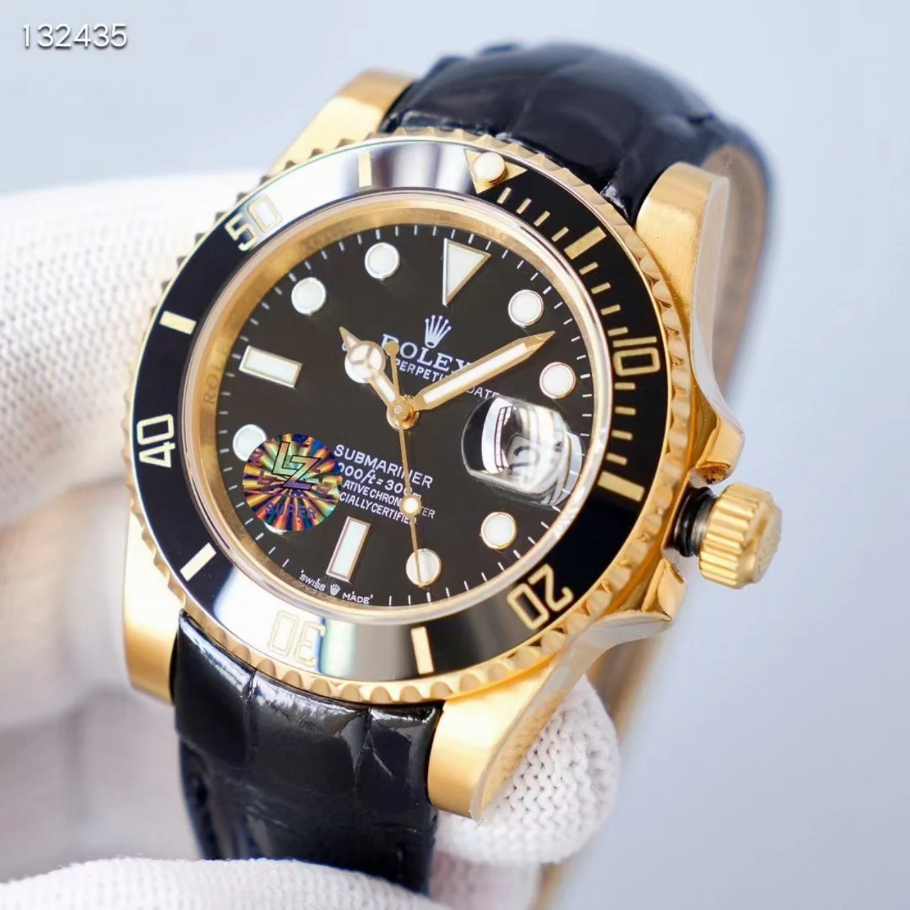 Rolex Watch SUBMARINER DATE 41 GOLD CASE LEATHER STRAP
