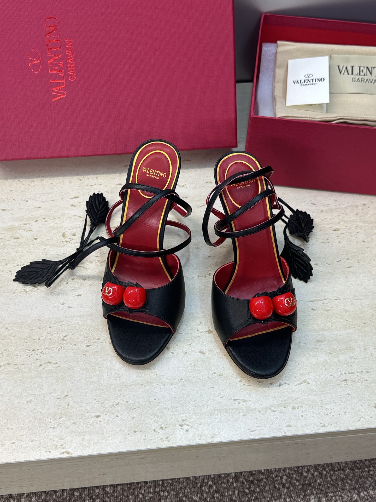 Valentino Garavani Black Cherry Leather Leaf Charm Metallic Leather Stiletto Toe Heel Sandals